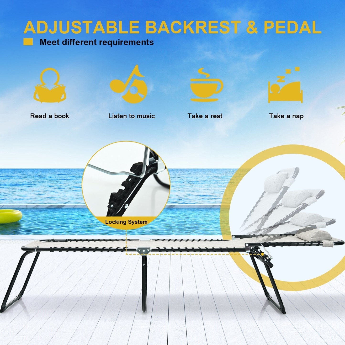 Chaise longue de plage pliante Gymax avec coussin, 4 positions