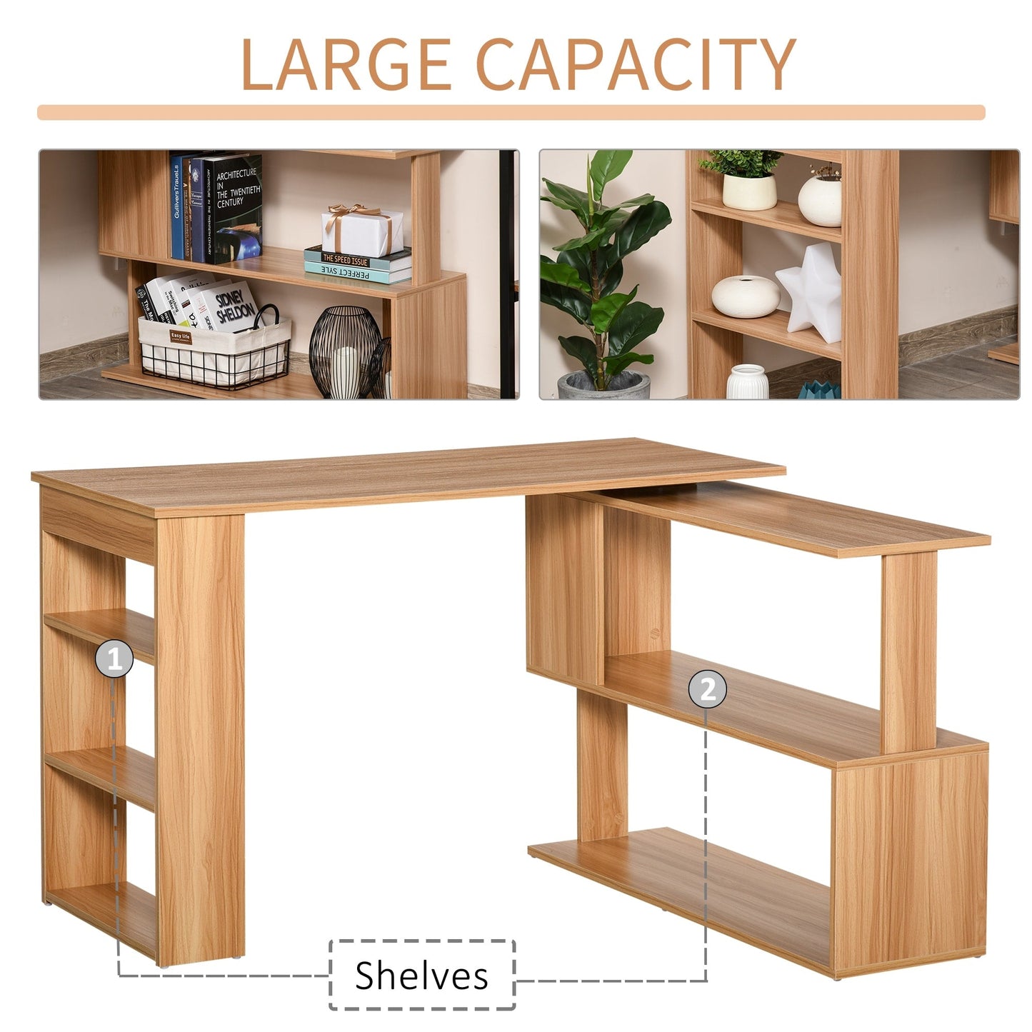 Bureau d'ordinateur pivotant moderne en forme de L HomCom avec étagères