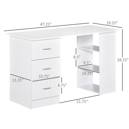 Bureau d'ordinateur HOMCOM 47 moderne pour la maison avec bibliothèque intégrée, table de travail, 3 tiroirs et étagère de rangement - Blanc