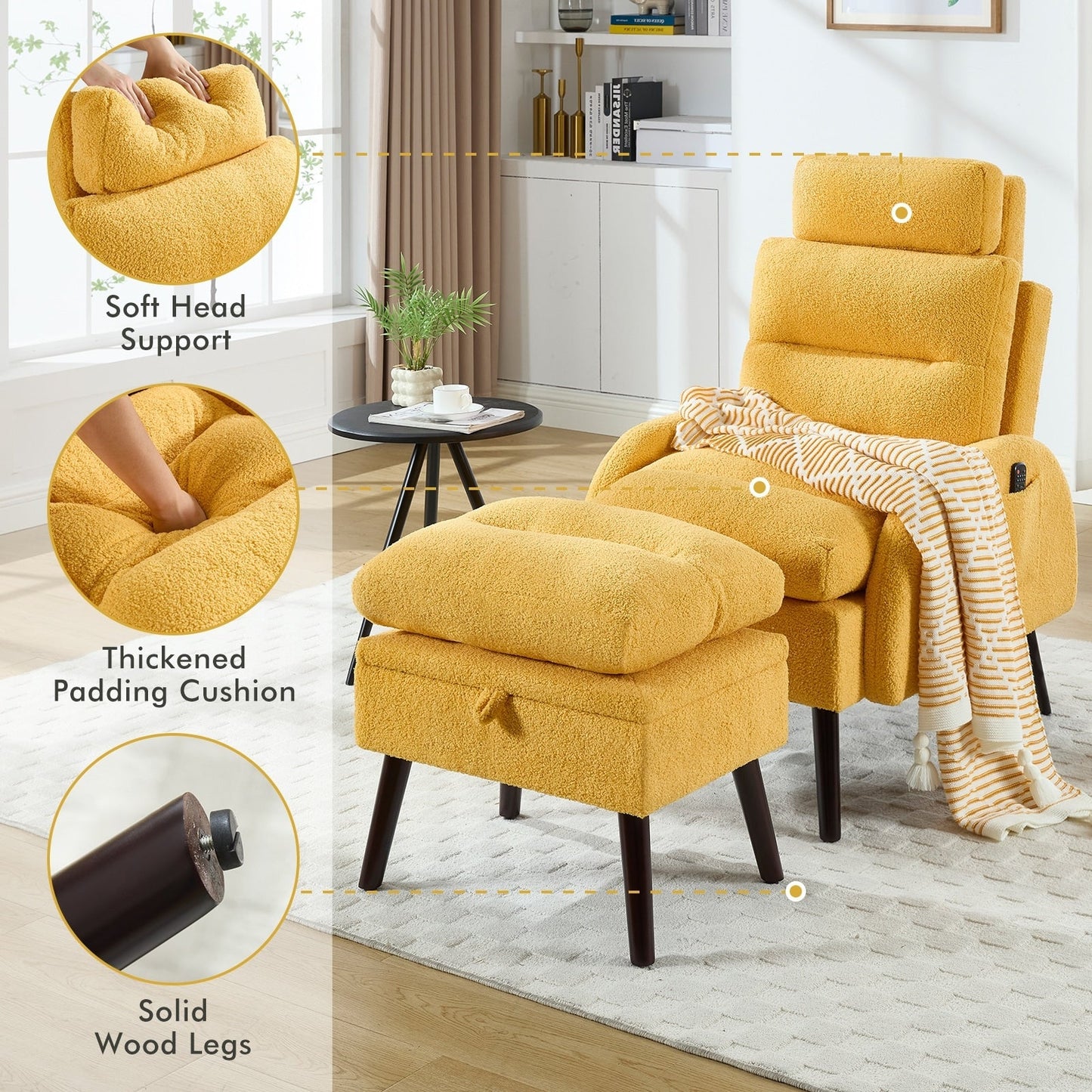 Fauteuil lounge HOMYKA avec dossier réglable et pouf de rangement