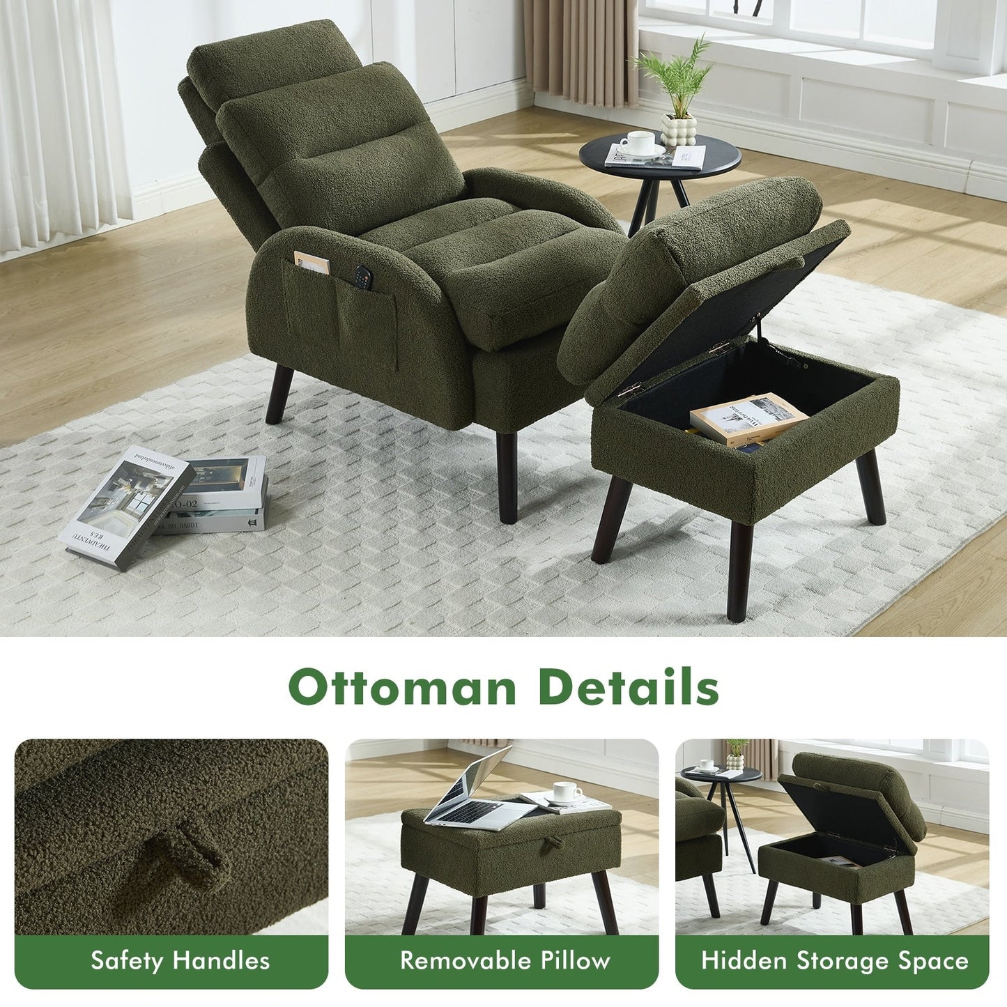 Fauteuil lounge HOMYKA avec dossier réglable et pouf de rangement