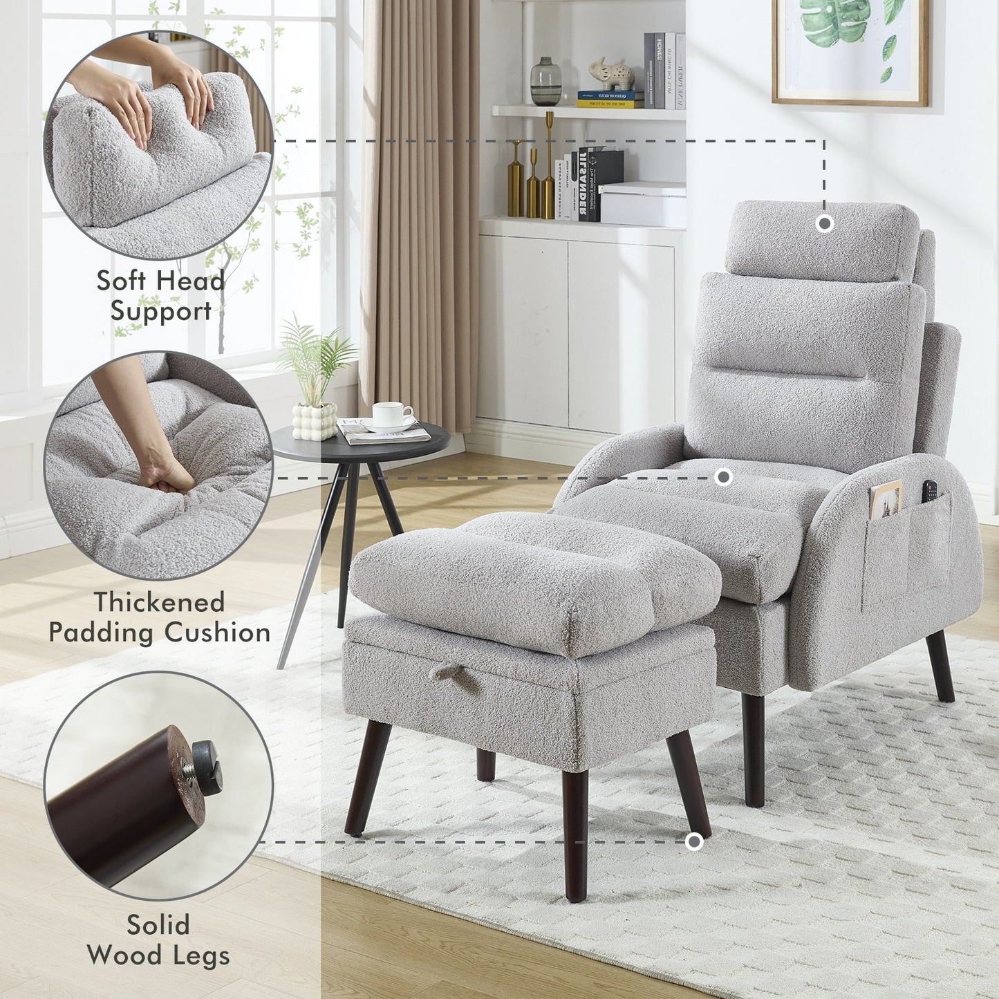 Fauteuil lounge HOMYKA avec dossier réglable et pouf de rangement