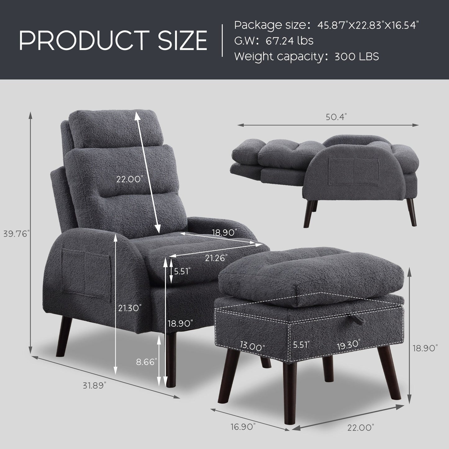 Fauteuil lounge HOMYKA avec dossier réglable et pouf de rangement