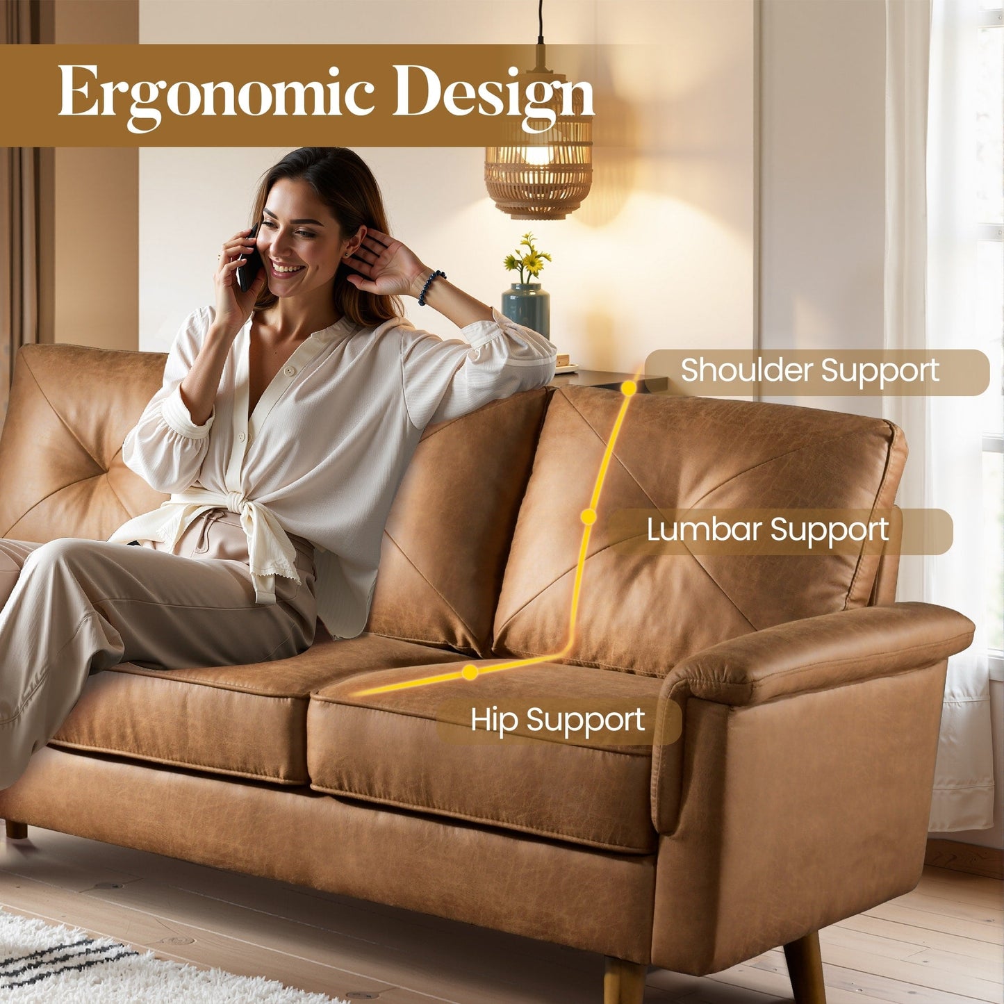 Canapé 3 places rembourré style Mid-Century avec pieds en bois pour salon