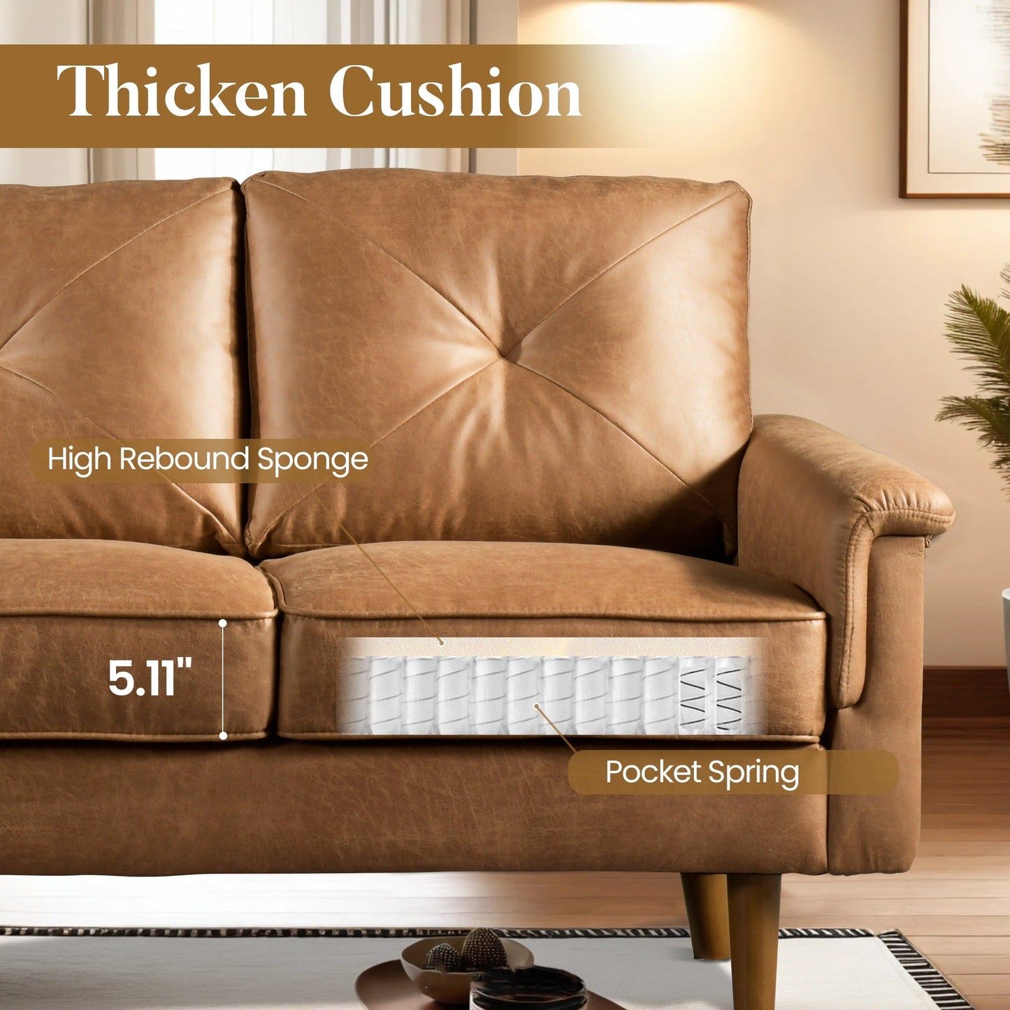 Canapé 3 places rembourré style Mid-Century avec pieds en bois pour salon