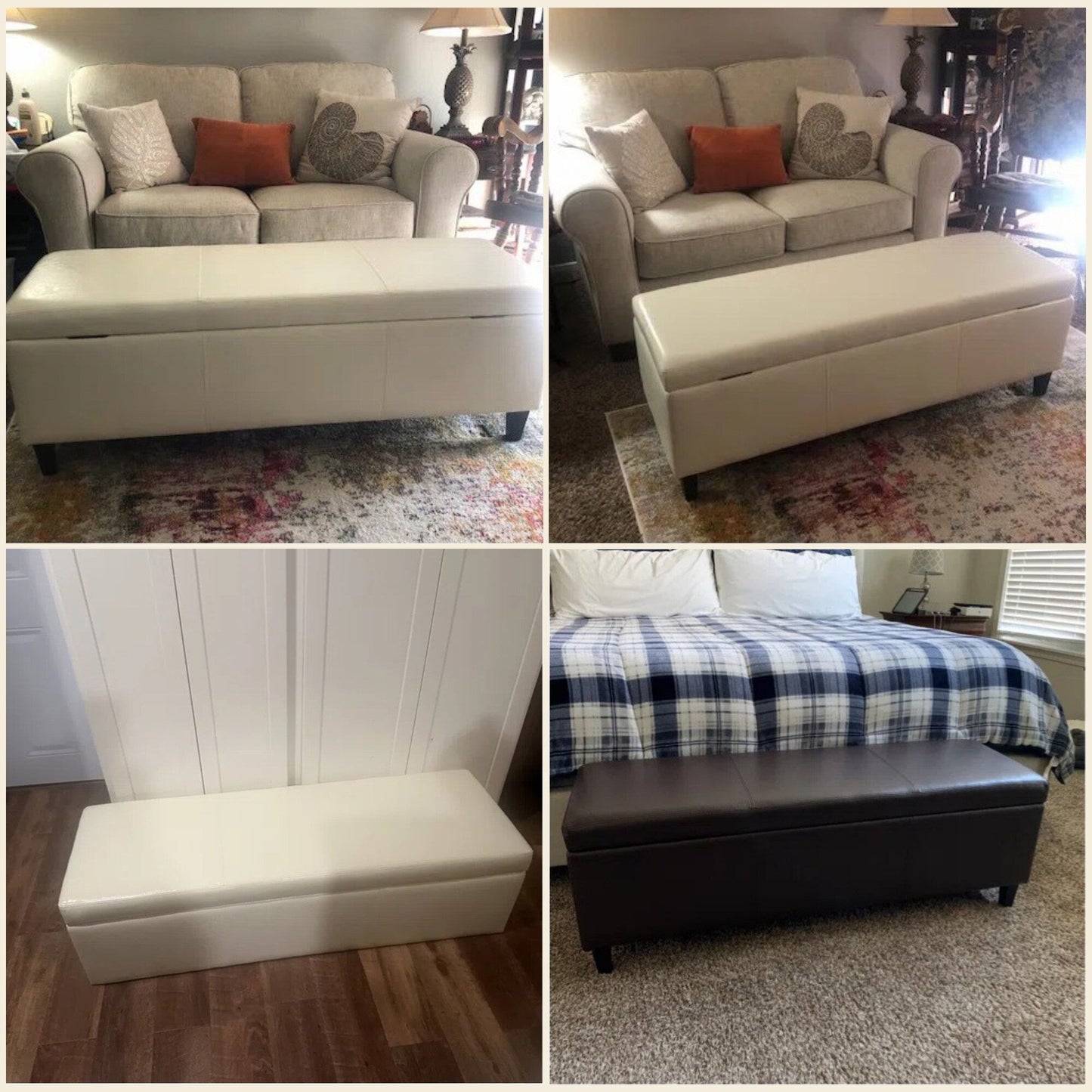 Pouf de rangement rectangulaire capitonné en similicuir (50,3 x 17,50 x 18 cm)