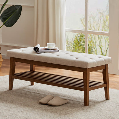 Banc à chaussures d'entrée avec rangement, revêtement en tissu et bois massif, 109 cm (43 pouces), banquette rembourrée pour salon et chambres