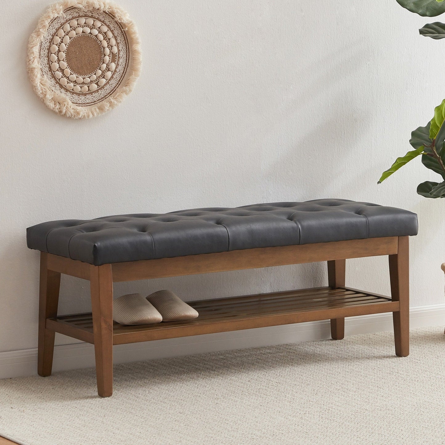Banc à chaussures d'entrée avec rangement, revêtement en tissu et bois massif, 109 cm (43 pouces), banquette rembourrée pour salon et chambres