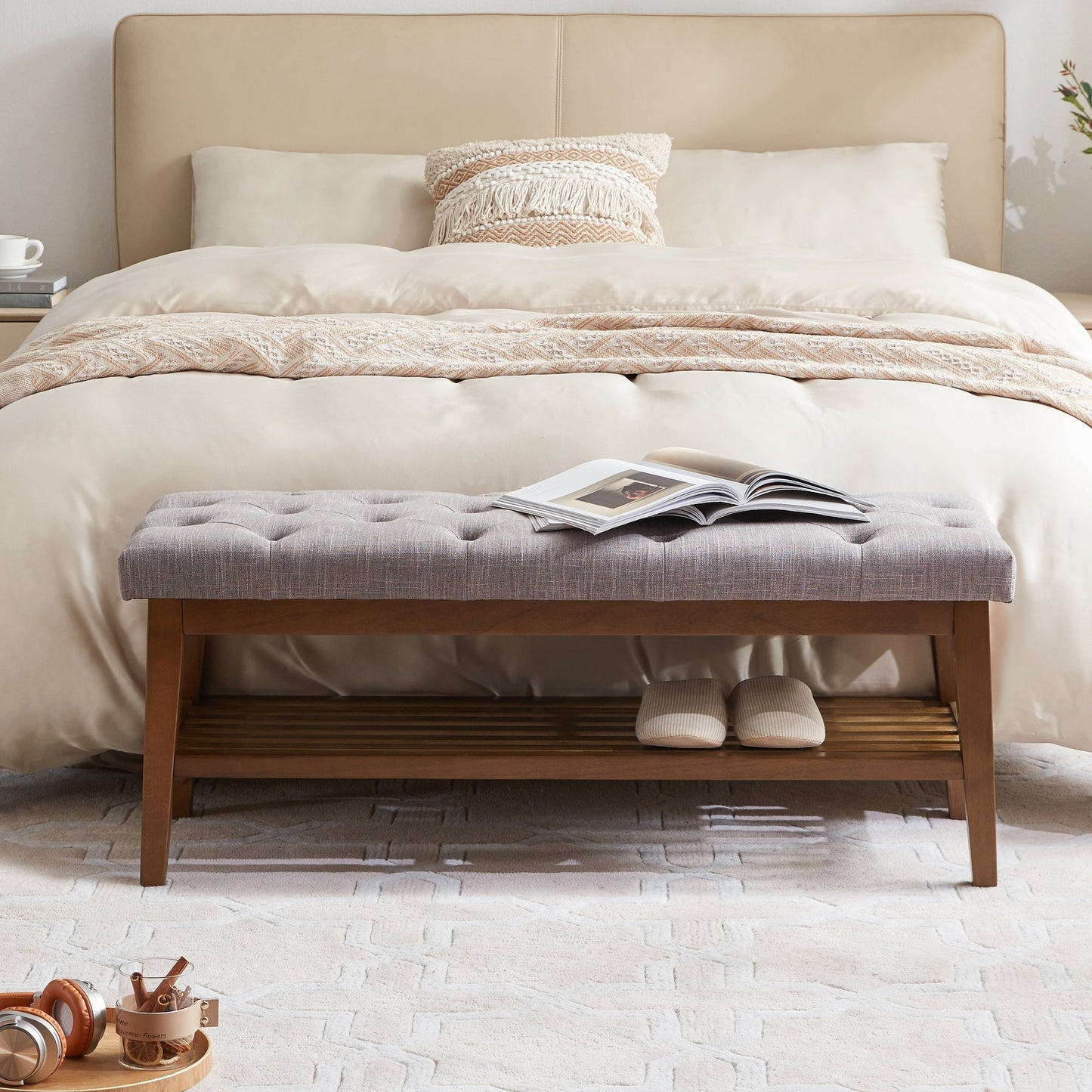 Banc à chaussures d'entrée avec rangement, revêtement en tissu et bois massif, 109 cm (43 pouces), banquette rembourrée pour salon et chambres