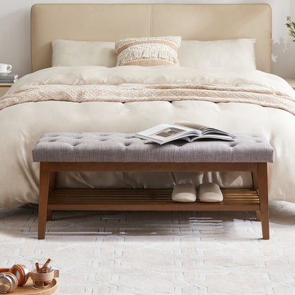 Banc à chaussures d'entrée avec rangement, revêtement en tissu et bois massif, 109 cm (43 pouces), banquette rembourrée pour salon et chambres