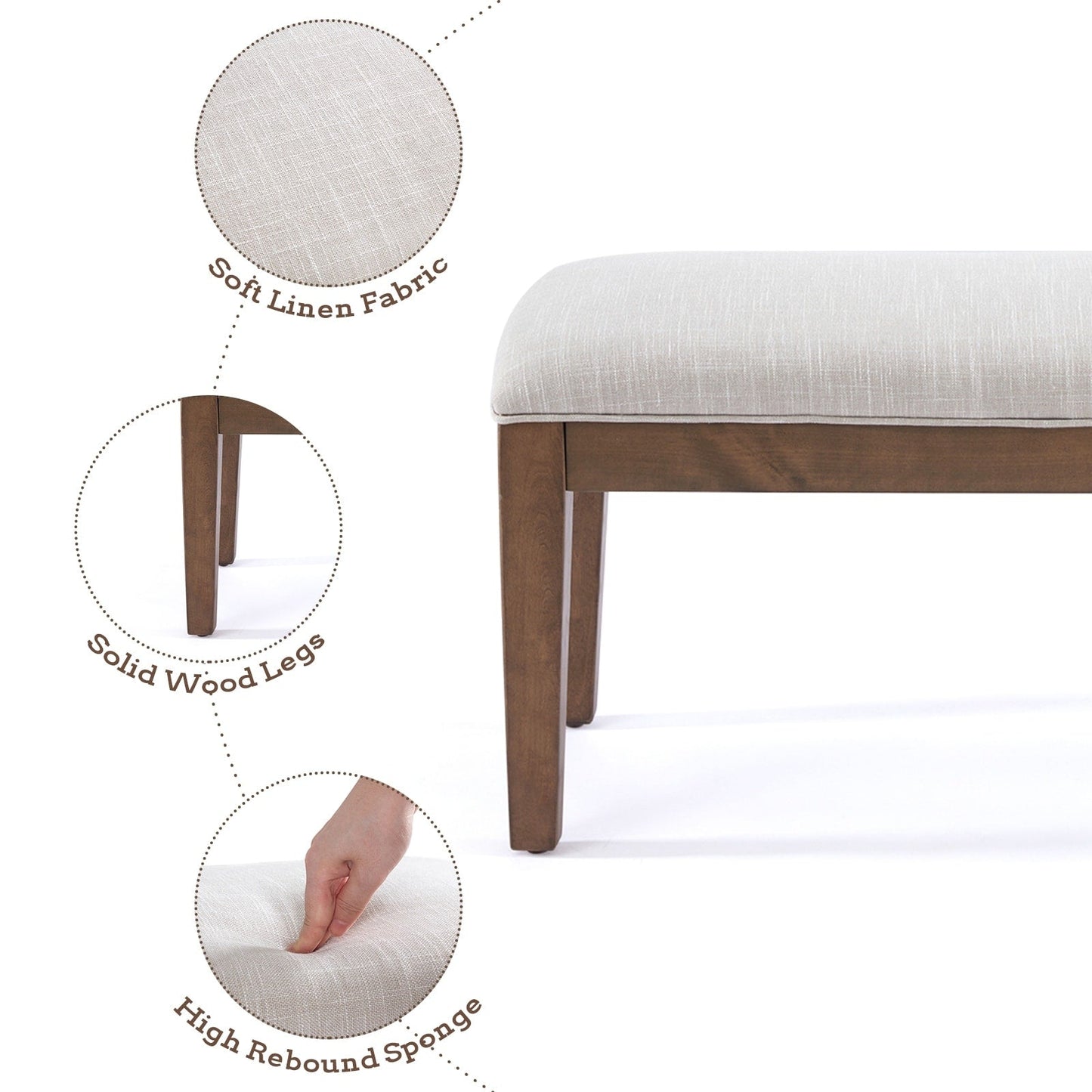 Banc d'entrée rembourré en tissu, banc de chambre à coucher pour pied de lit, beige, bois massif, 112 cm (44 pouces).