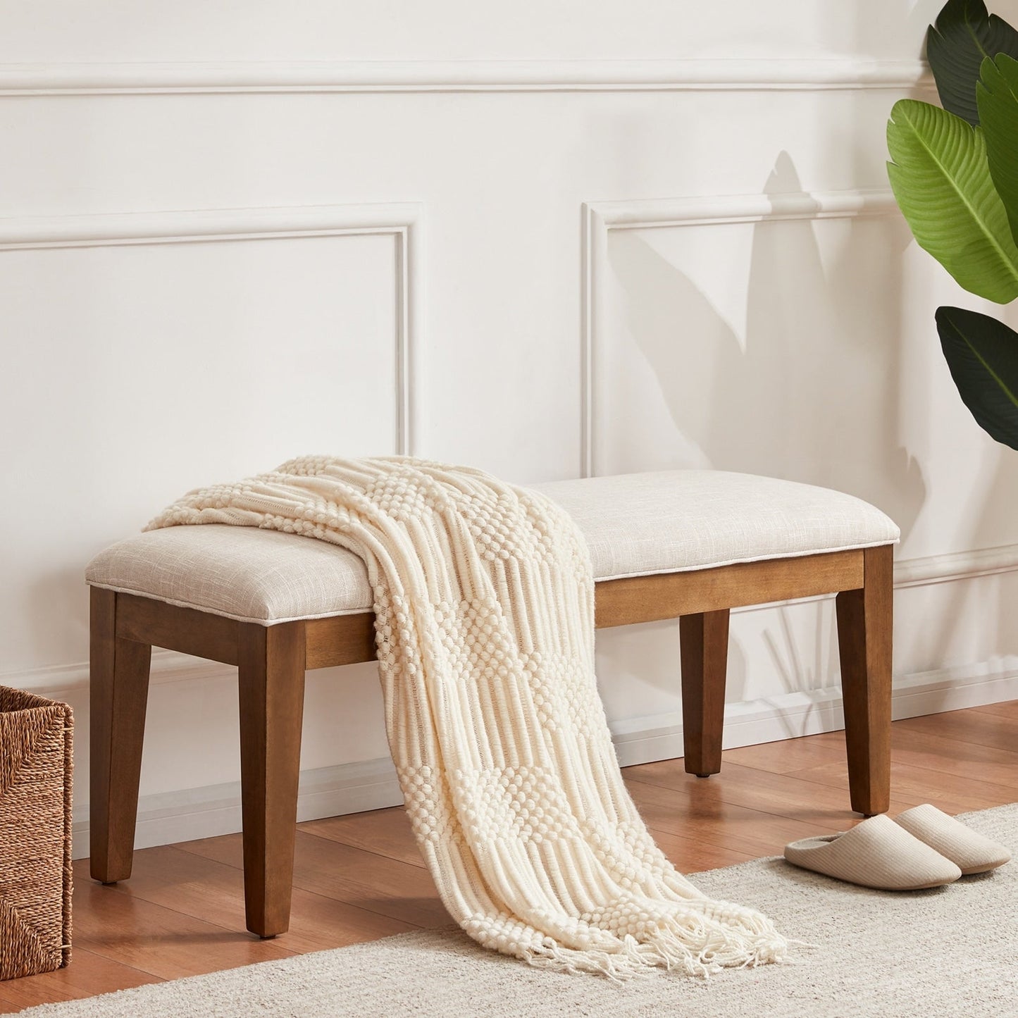 Banc d'entrée rembourré en tissu, banc de chambre à coucher pour pied de lit, beige, bois massif, 112 cm (44 pouces).