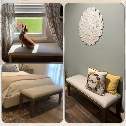 Banc d'entrée rembourré en tissu, banc de chambre à coucher pour pied de lit, beige, bois massif, 112 cm (44 pouces).