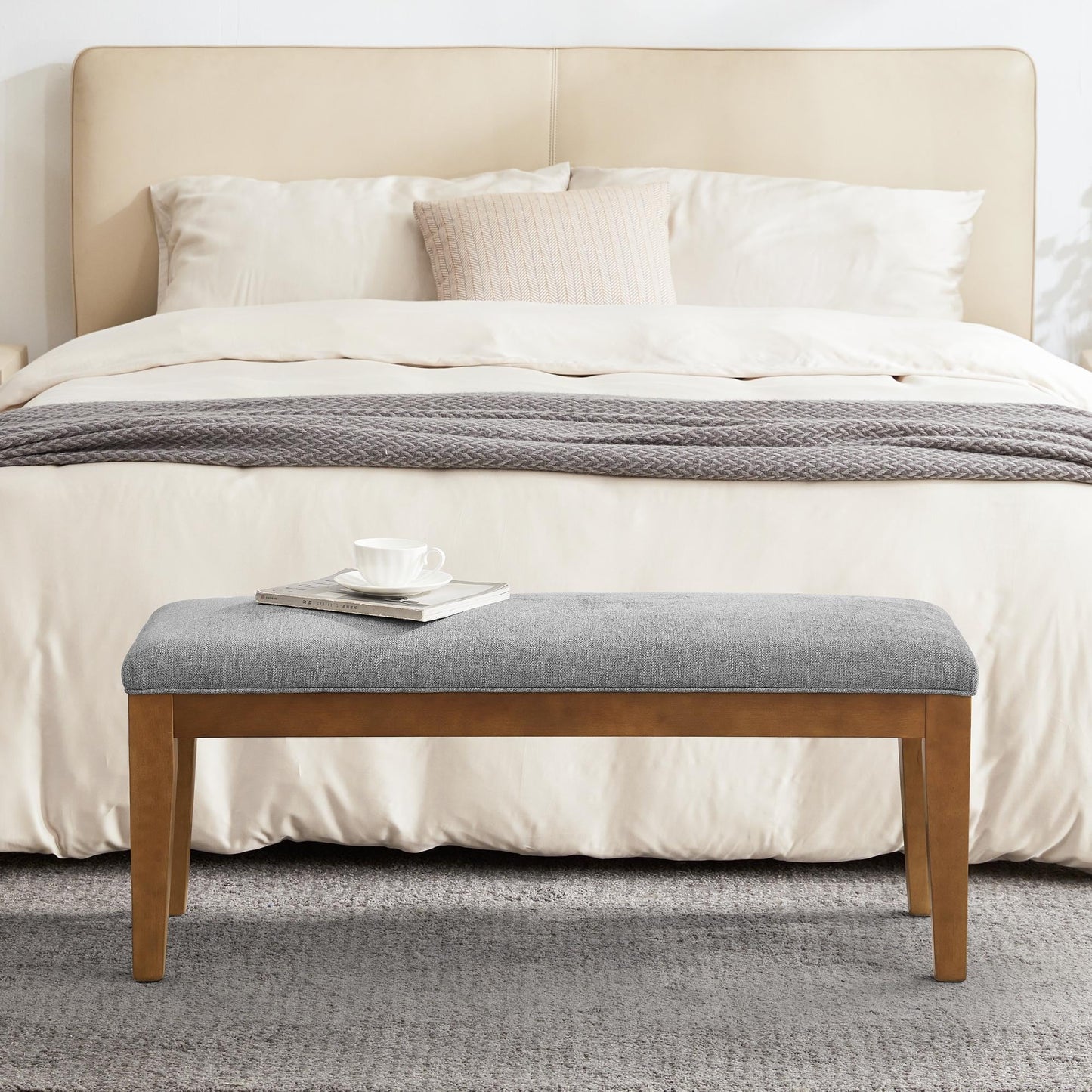 Banc d'entrée rembourré en tissu, banc de chambre à coucher pour pied de lit, beige, bois massif, 112 cm (44 pouces).