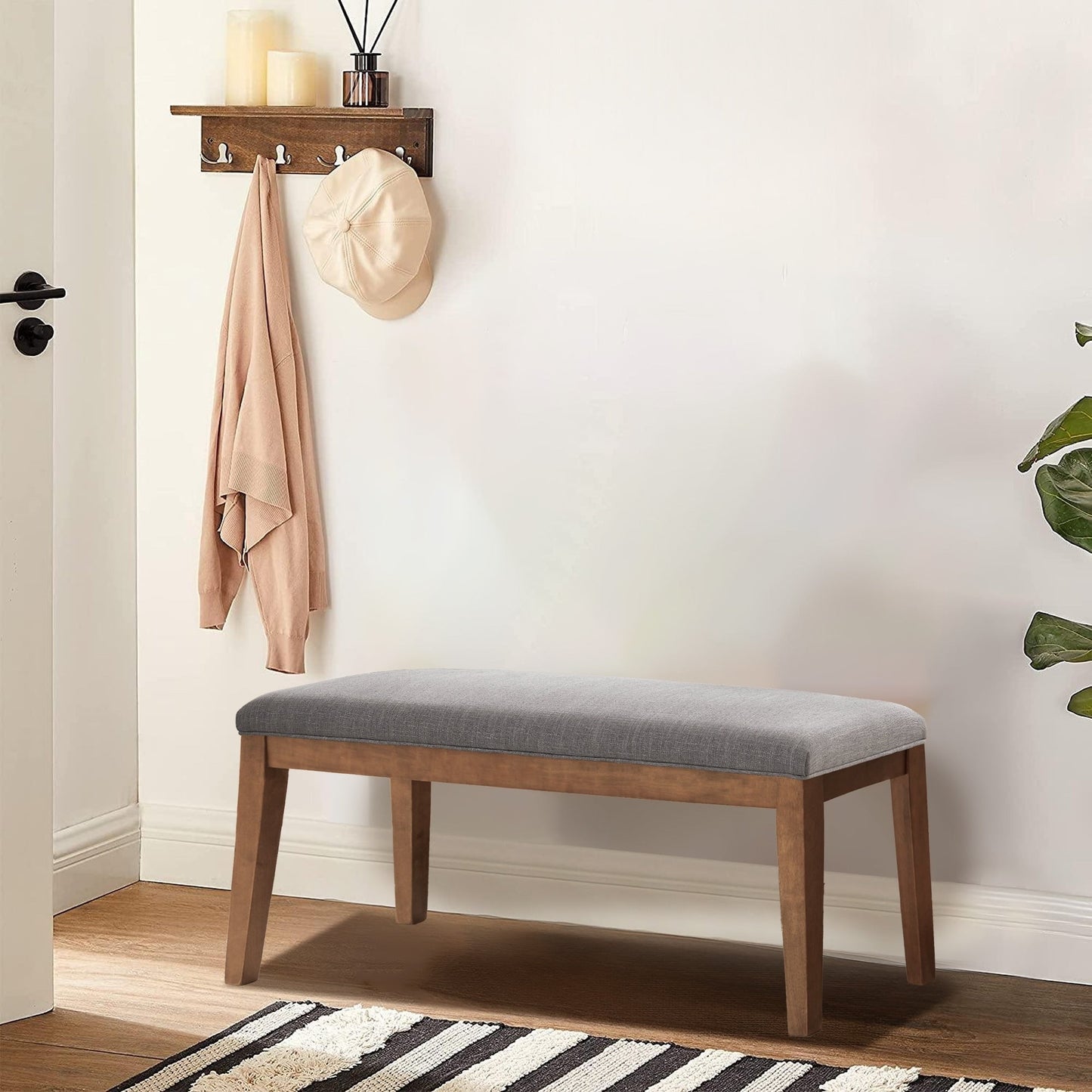 Banc d'entrée rembourré en tissu, banc de chambre à coucher pour pied de lit, beige, bois massif, 112 cm (44 pouces).