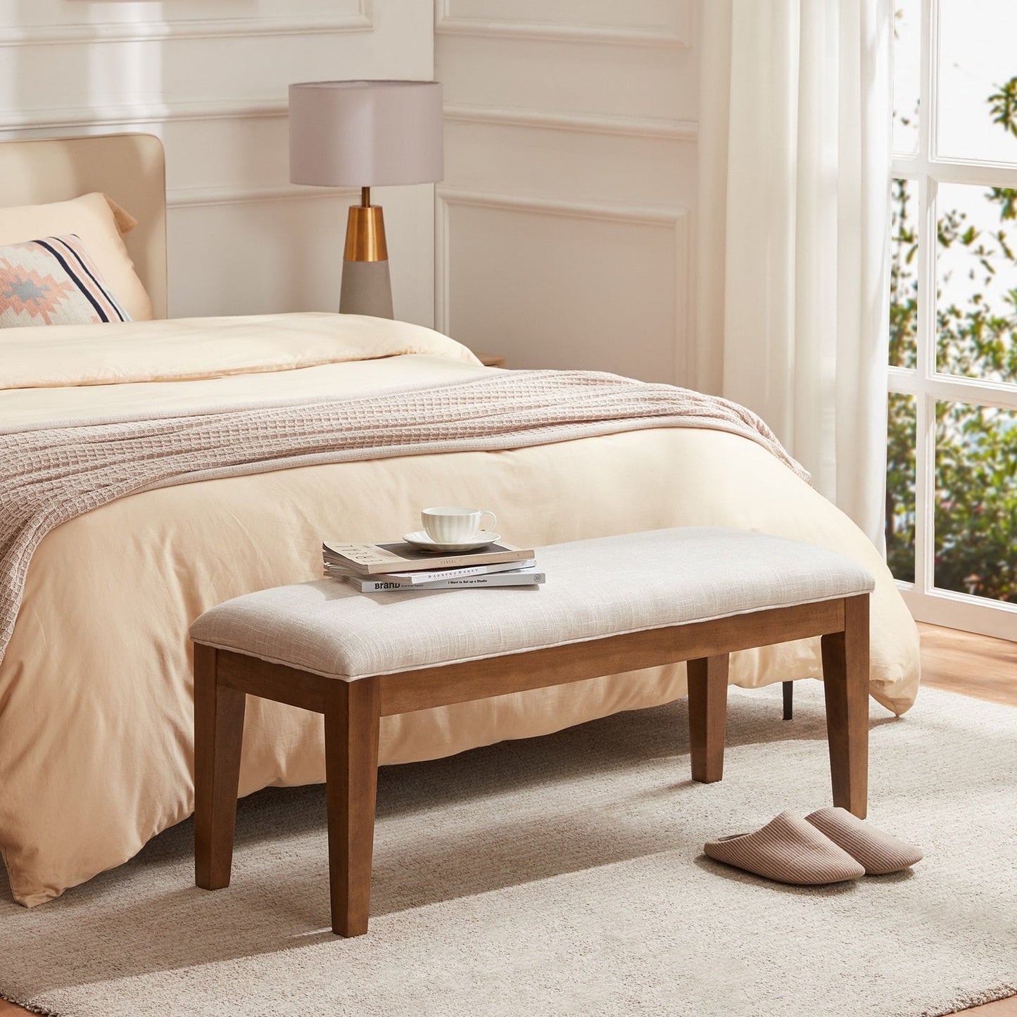 Banc d'entrée rembourré en tissu, banc de chambre à coucher pour pied de lit, beige, bois massif, 112 cm (44 pouces).