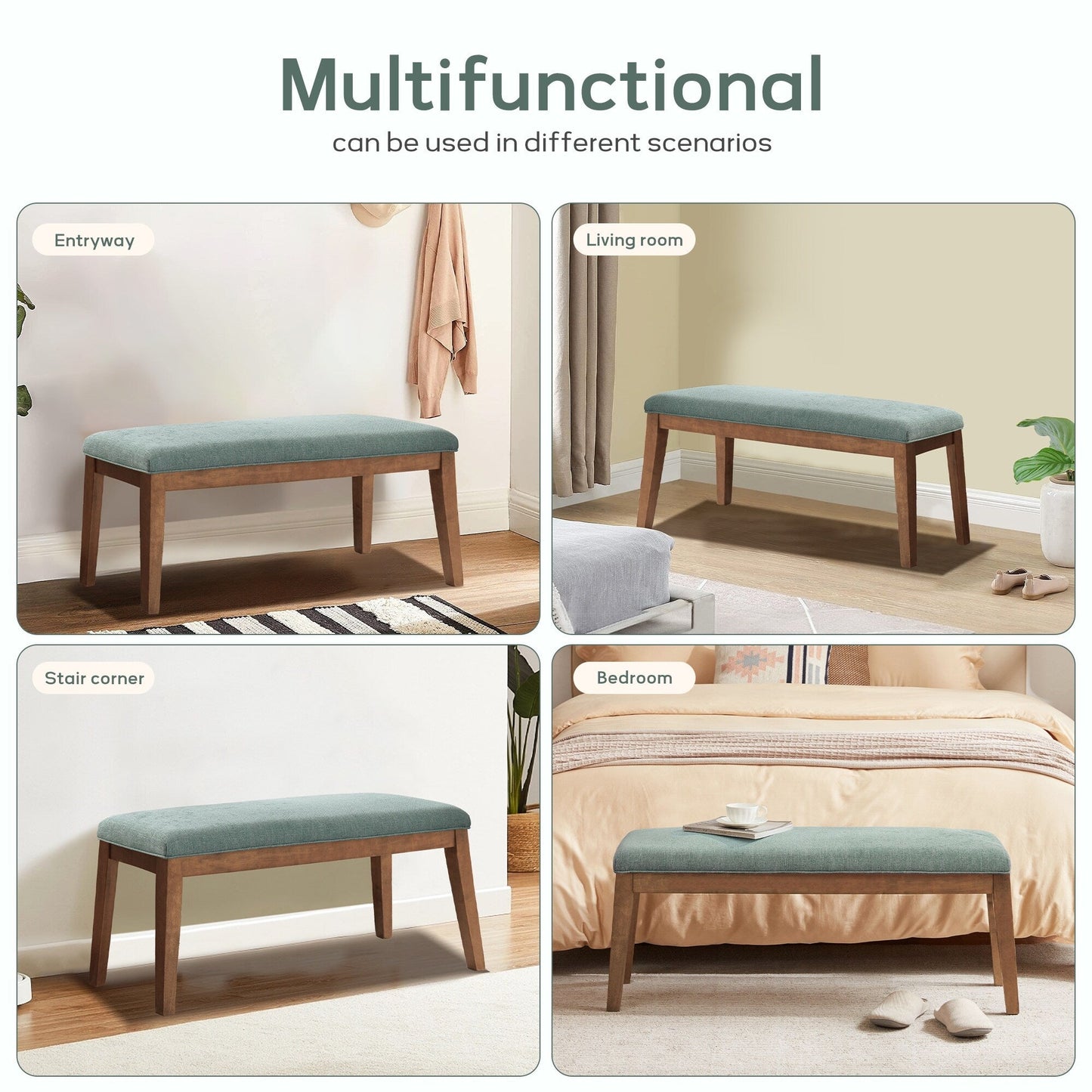 Banc d'entrée rembourré en tissu, banc de chambre à coucher pour pied de lit, beige, bois massif, 112 cm (44 pouces).