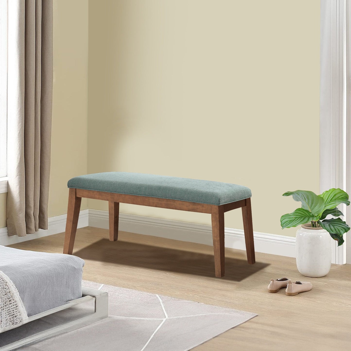 Banc d'entrée rembourré en tissu, banc de chambre à coucher pour pied de lit, beige, bois massif, 112 cm (44 pouces).