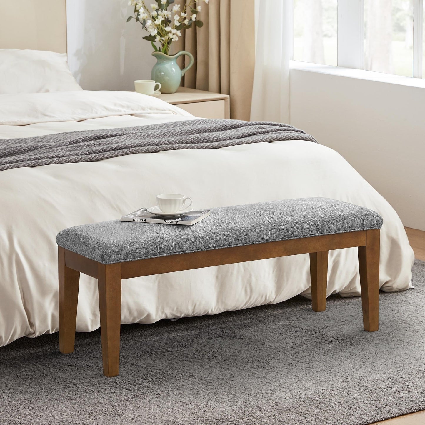 Banc d'entrée rembourré en tissu, banc de chambre à coucher pour pied de lit, beige, bois massif, 112 cm (44 pouces).
