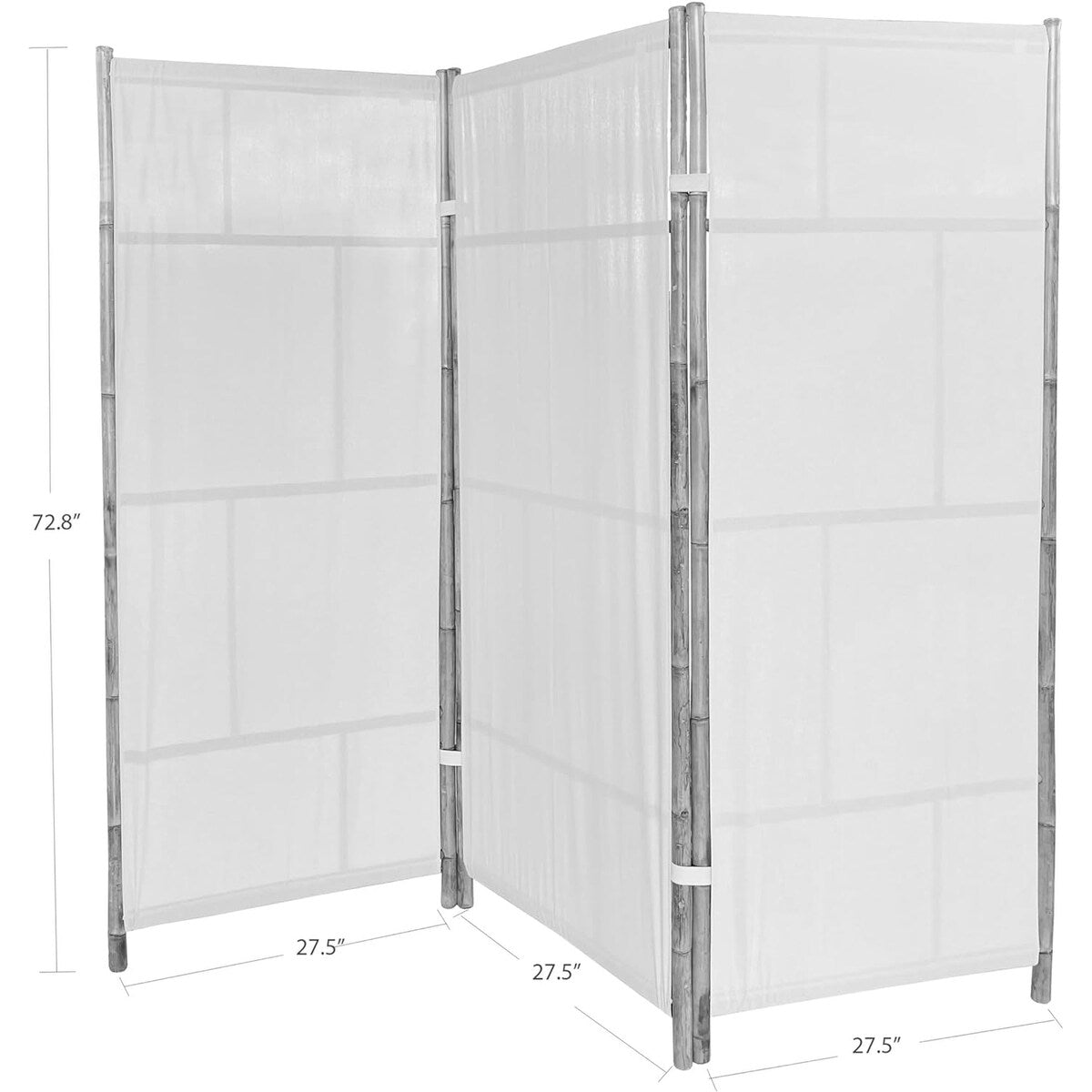 Paravent pliable en bambou à 3 panneaux, fabriqué artisanalement, tissu écru