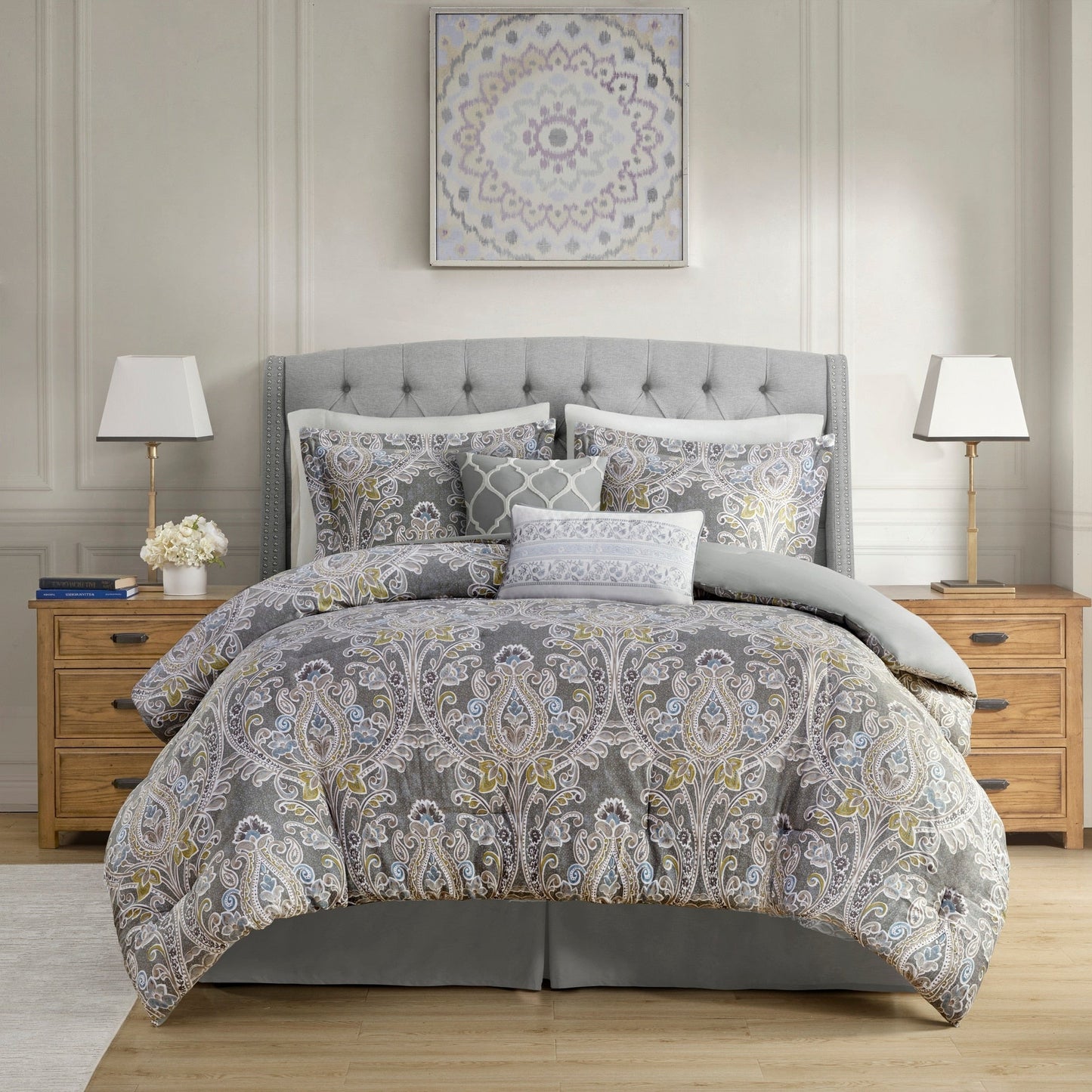 Ensemble de couette en coton gris à motif damassé Harbor House Hallie 6 pièces