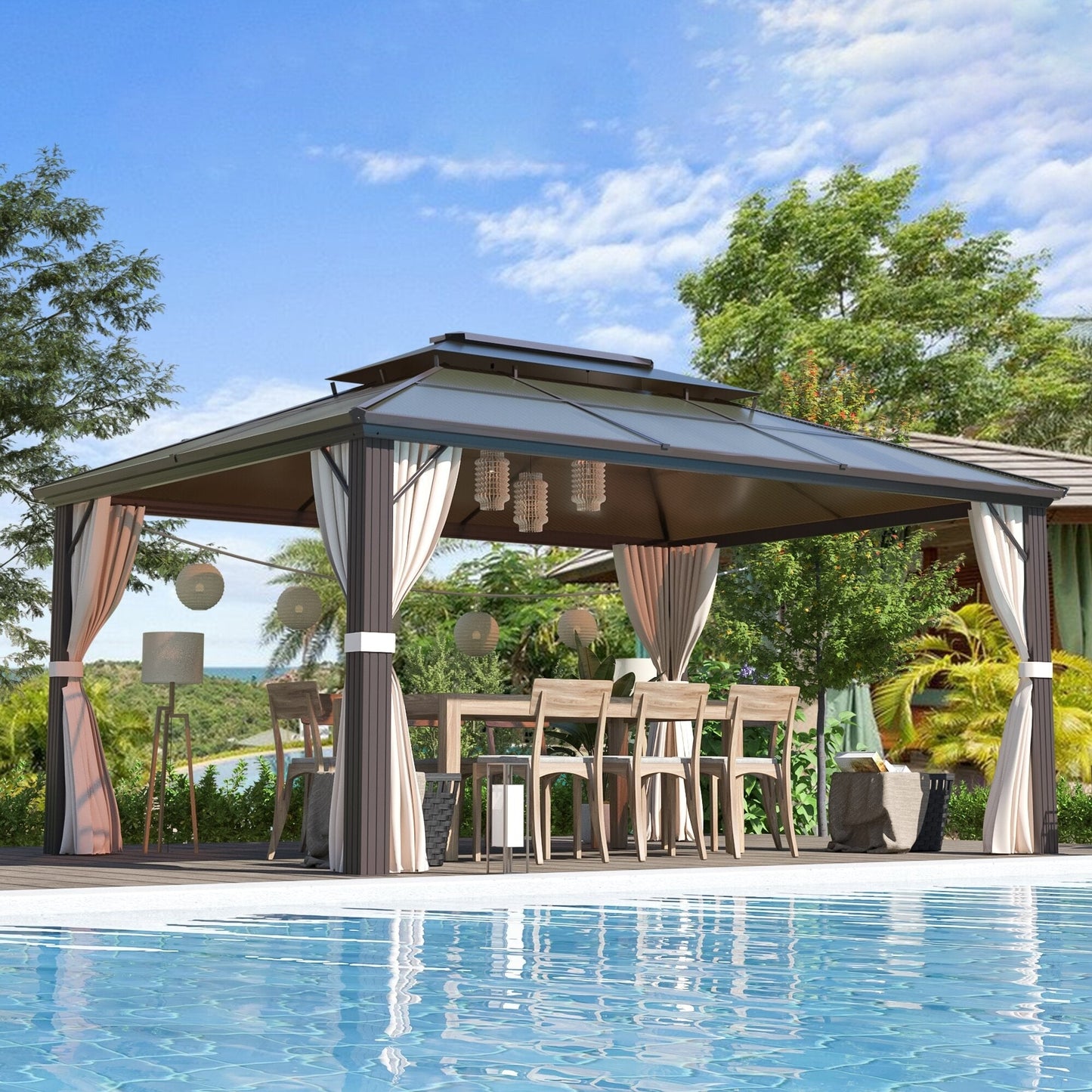 Gazebo rigide EROMMY, pergola d'extérieur avec double toit, moustiquaire et rideaux, auvent robuste pour terrasse, jardin, fête au bord de la piscine