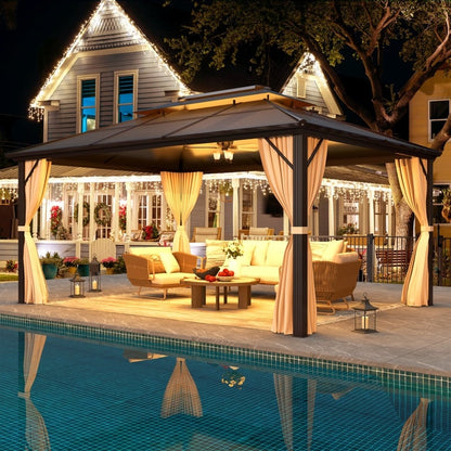 Gazebo rigide pour jardin – Pergola permanente avec moustiquaire, rideaux et double toit, abri extérieur toutes saisons