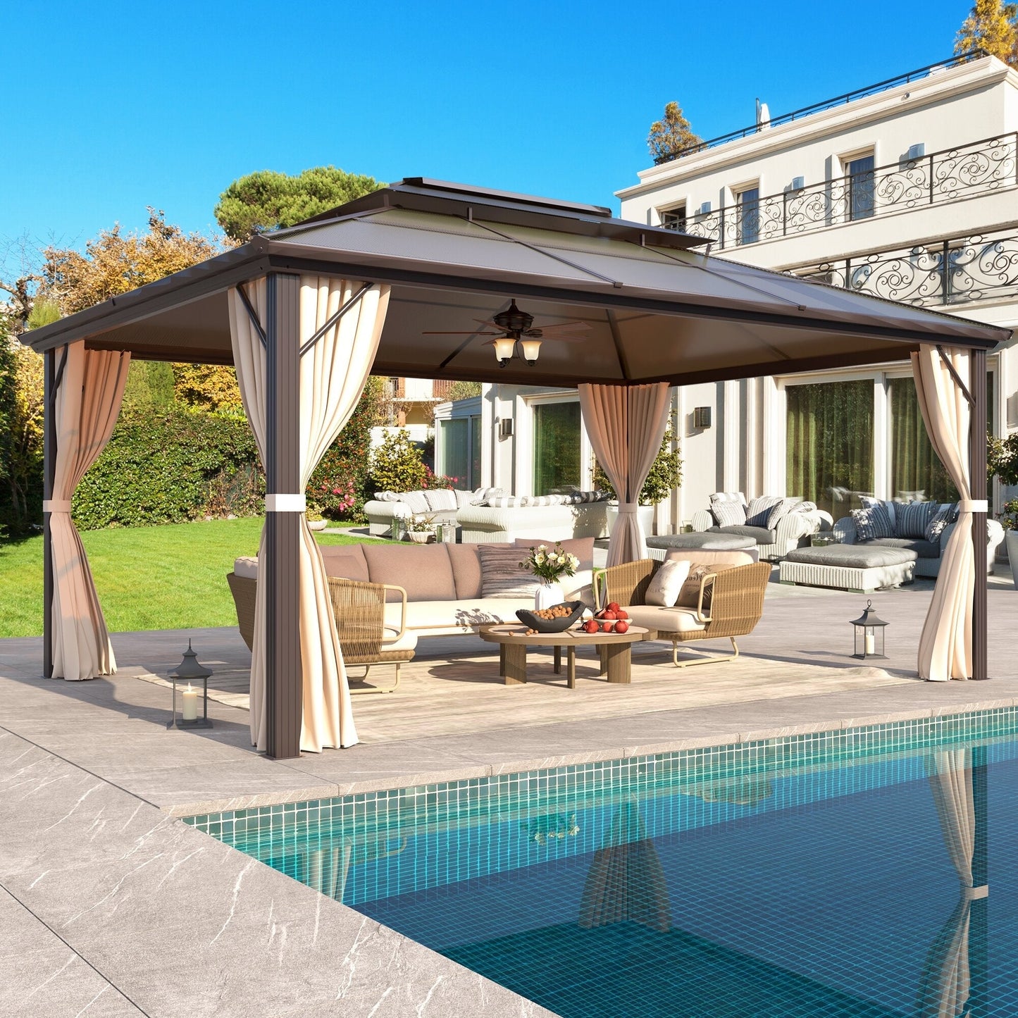 Gazebo rigide EROMMY, pergola d'extérieur avec double toit, moustiquaire et rideaux, auvent robuste pour terrasse, jardin, fête au bord de la piscine