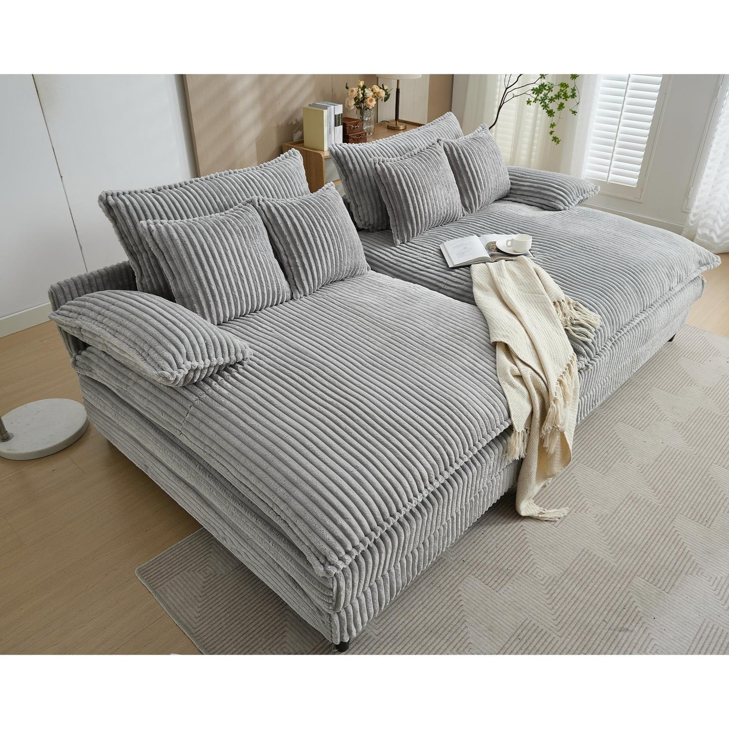 Canapé-lit surdimensionné Harmonia 109 W en velours côtelé, méridienne double profonde avec 4 coussins