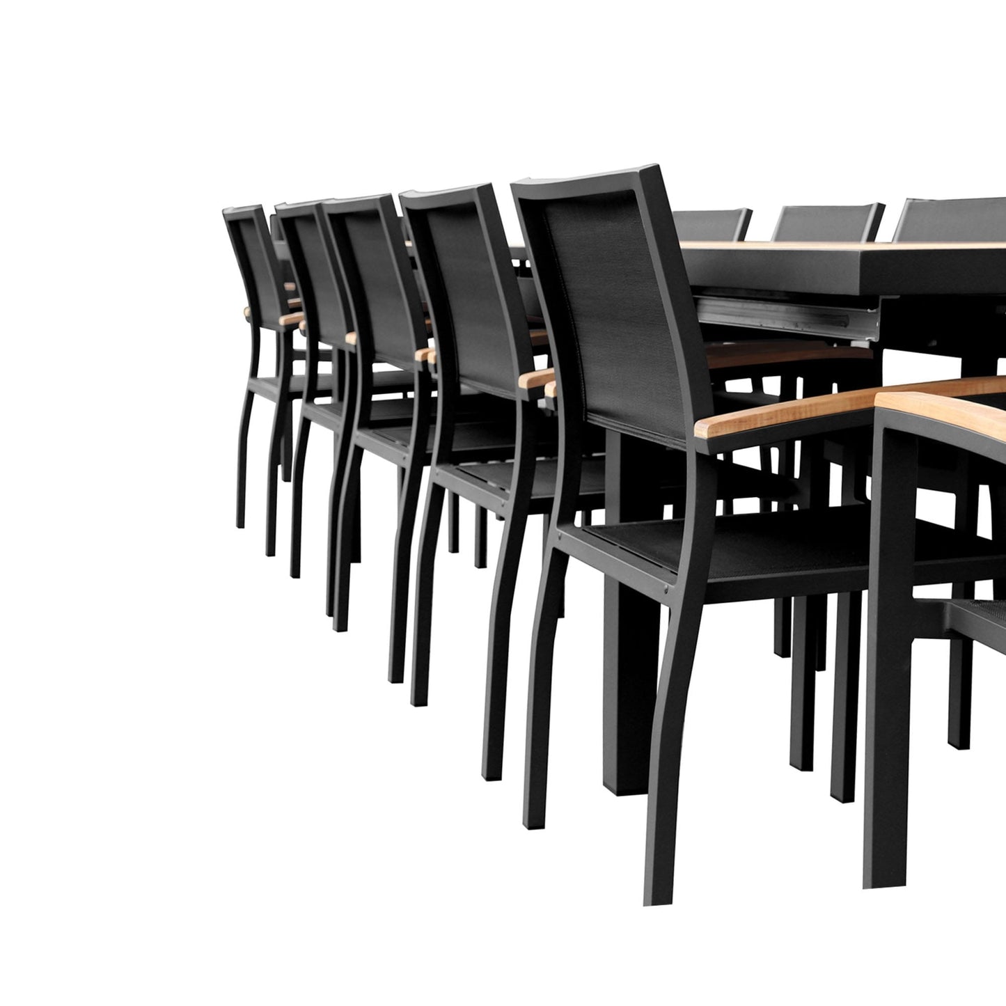 Ensemble de salle à manger d'extérieur Heck 13 pièces en aluminium teck certifié FSC pour 12 personnes, table extensible et chaises empilables, noir anthracite
