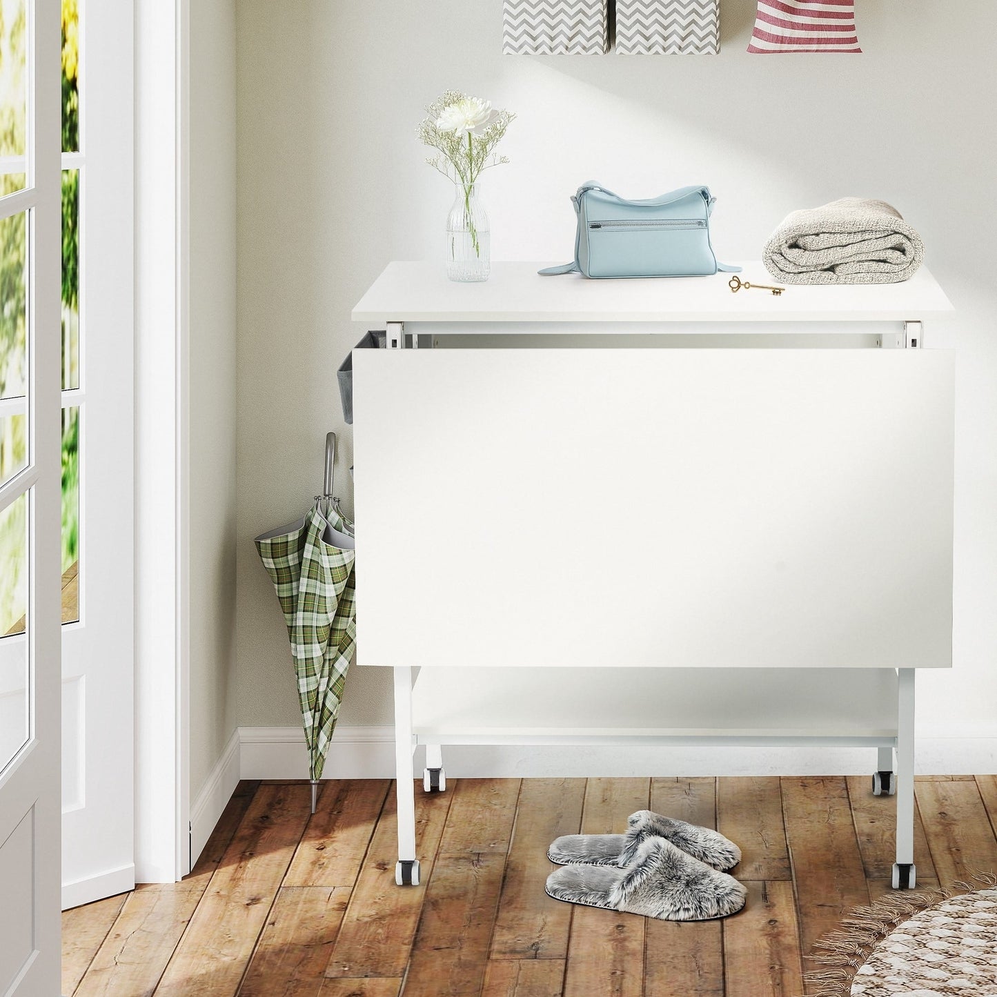 Table de bricolage réglable en hauteur avec étagères de rangement, table de découpe pliante et mobile pour la maison, le bureau, l'atelier de couture ou de loisirs créatifs