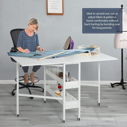 Table de bricolage réglable en hauteur avec étagères de rangement, table de découpe pliante et mobile pour la maison, le bureau, l'atelier de couture ou de loisirs créatifs