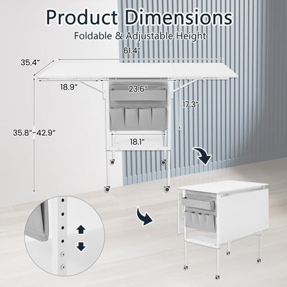 Table de bricolage réglable en hauteur avec étagères de rangement, table de découpe pliante et mobile pour la maison, le bureau, l'atelier de couture ou de loisirs créatifs