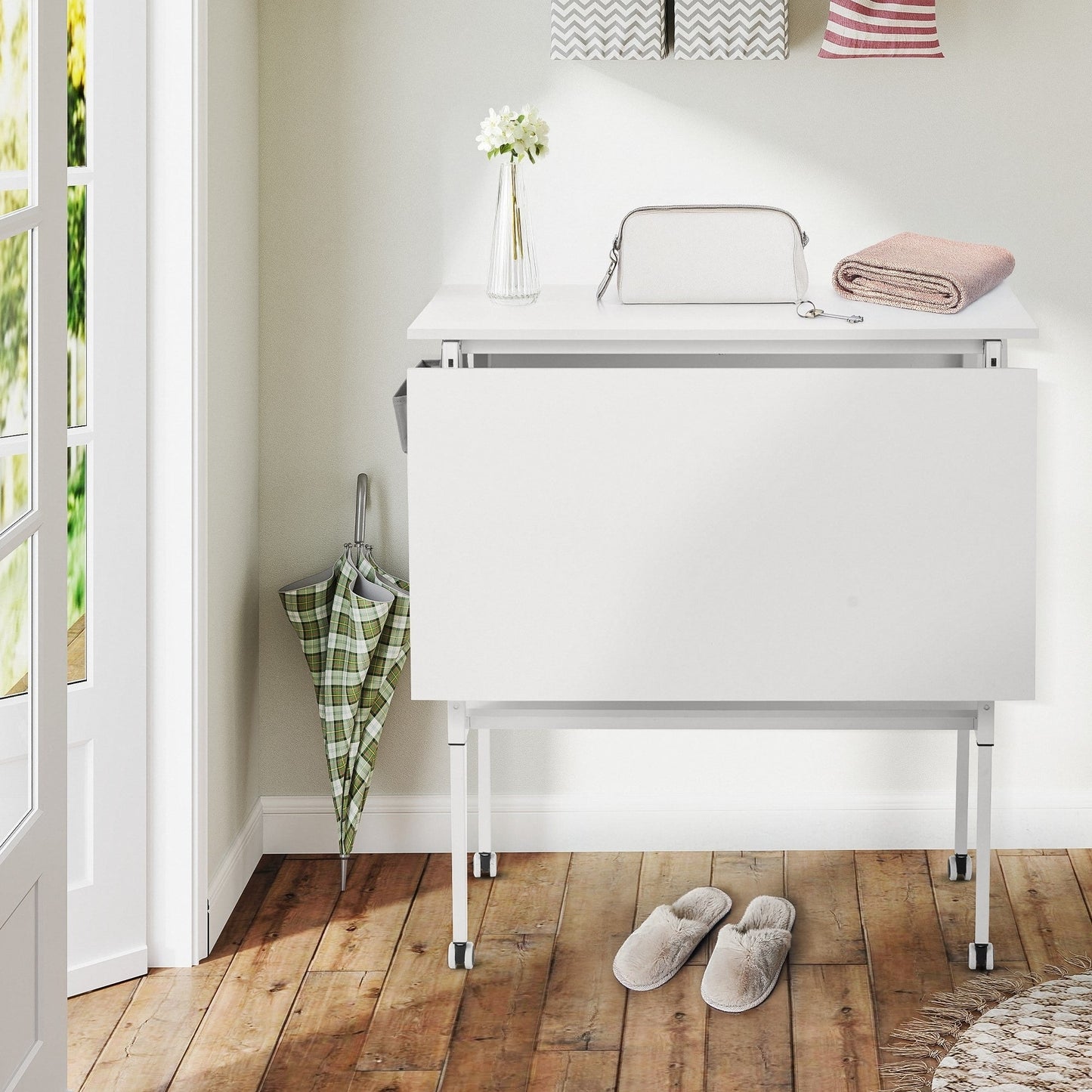 Table de bricolage réglable en hauteur avec étagères de rangement, table de découpe pliante et mobile pour la maison, le bureau, l'atelier de couture ou de loisirs créatifs
