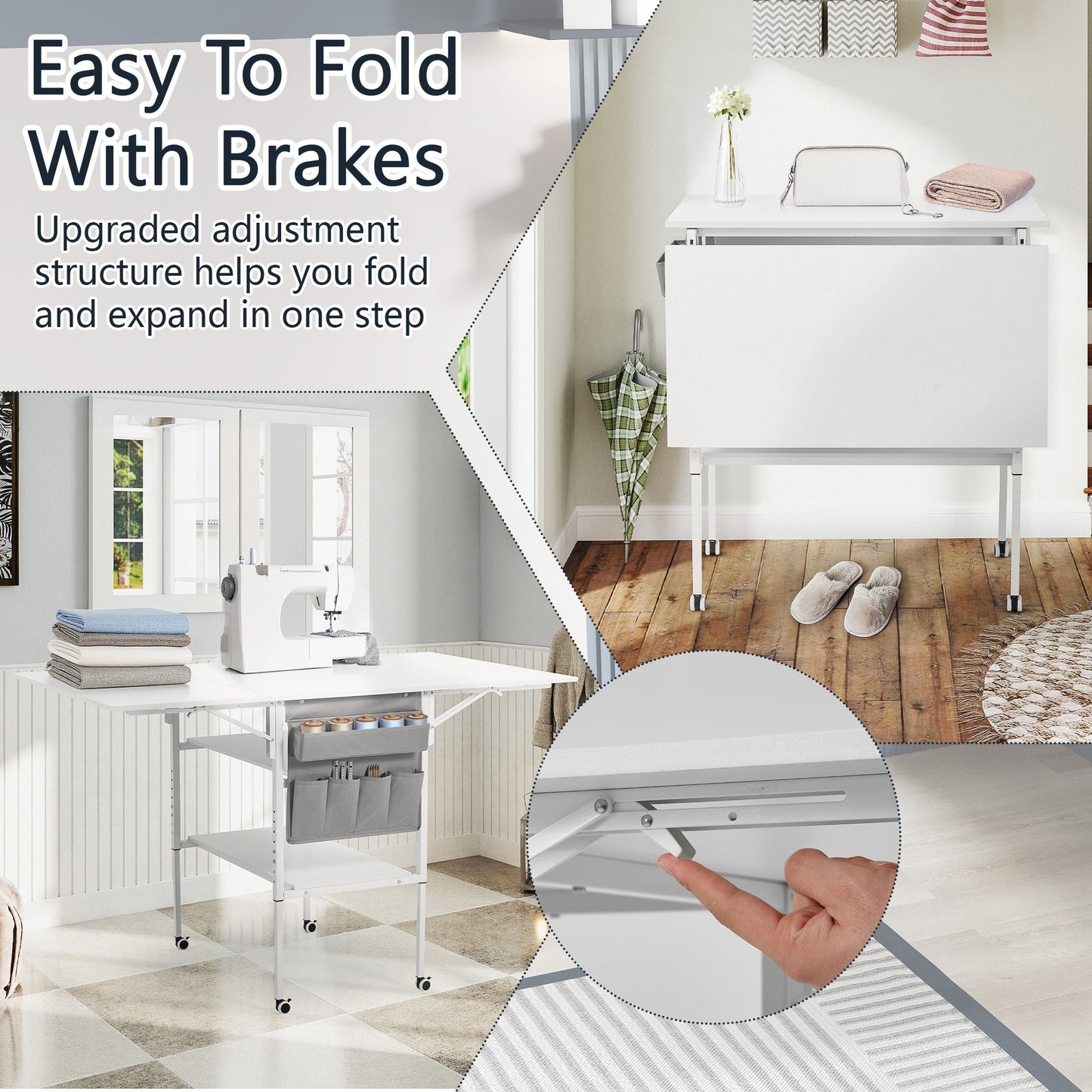 Table de bricolage réglable en hauteur avec étagères de rangement, table de découpe pliante et mobile pour la maison, le bureau, l'atelier de couture ou de loisirs créatifs