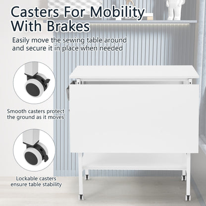 Table de bricolage réglable en hauteur avec étagères de rangement, table de découpe pliante et mobile pour la maison, le bureau, l'atelier de couture ou de loisirs créatifs