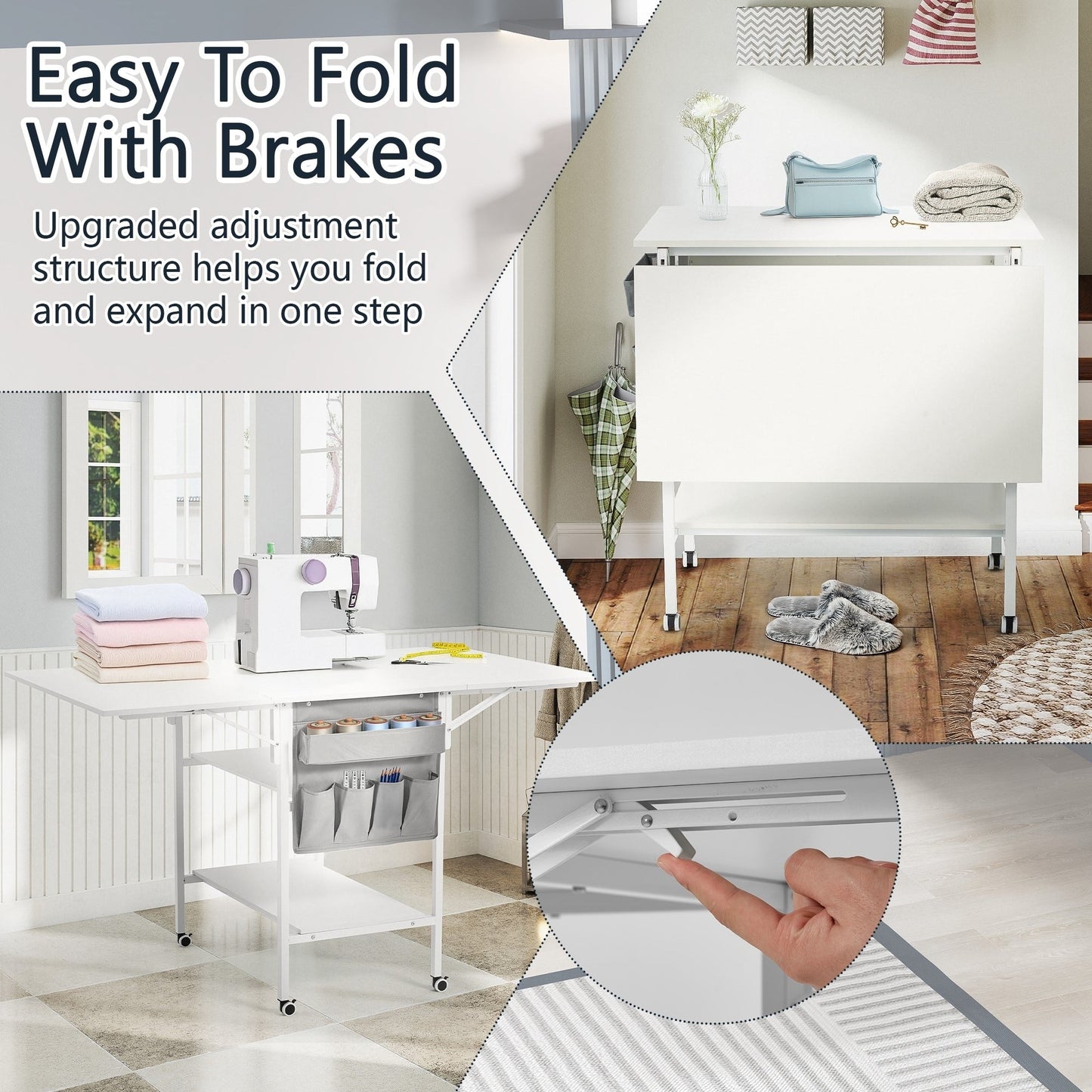 Table de bricolage réglable en hauteur avec étagères de rangement, table de découpe pliante et mobile pour la maison, le bureau, l'atelier de couture ou de loisirs créatifs