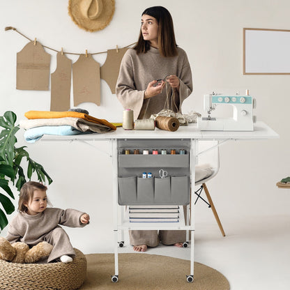 Table de bricolage réglable en hauteur avec étagères de rangement, table de découpe pliante et mobile pour la maison, le bureau, l'atelier de couture ou de loisirs créatifs