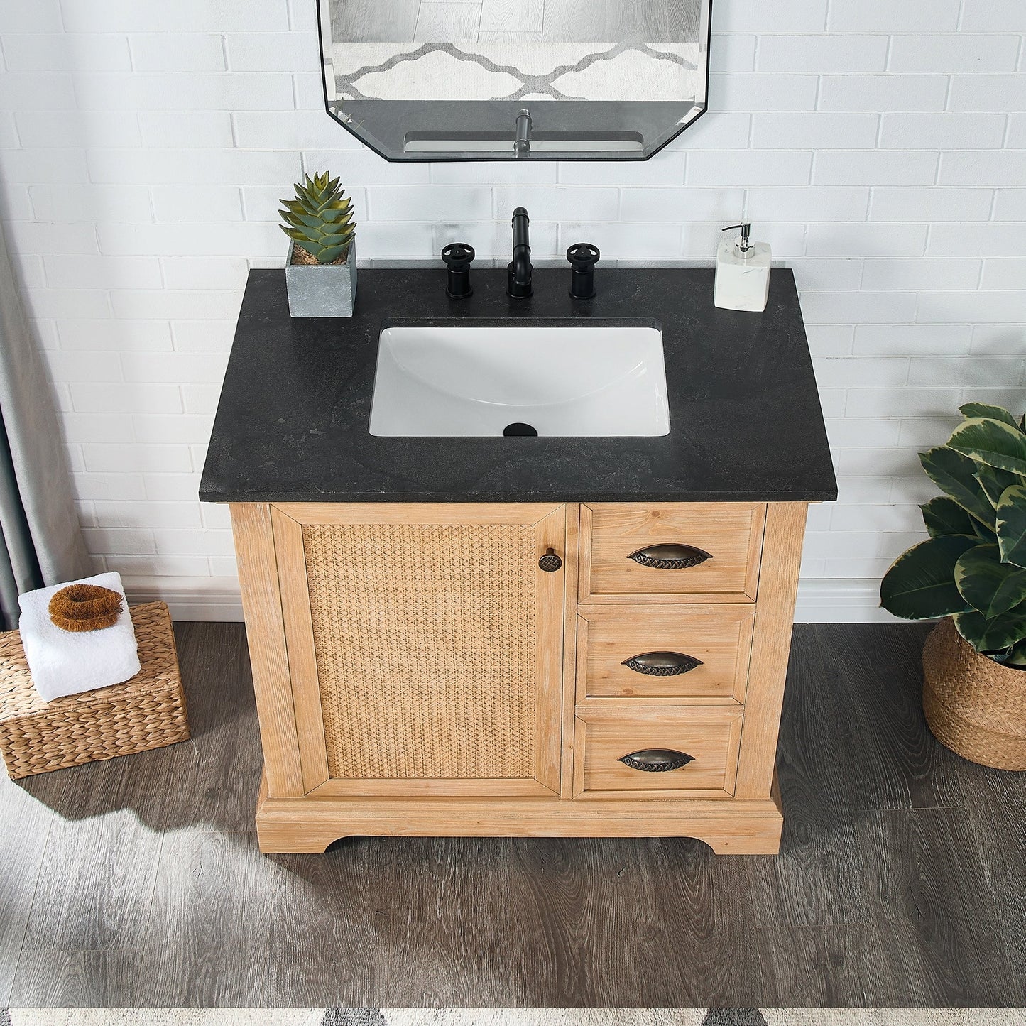 Meuble-lavabo Hervas avec plateau en marbre naturel, sans miroir.