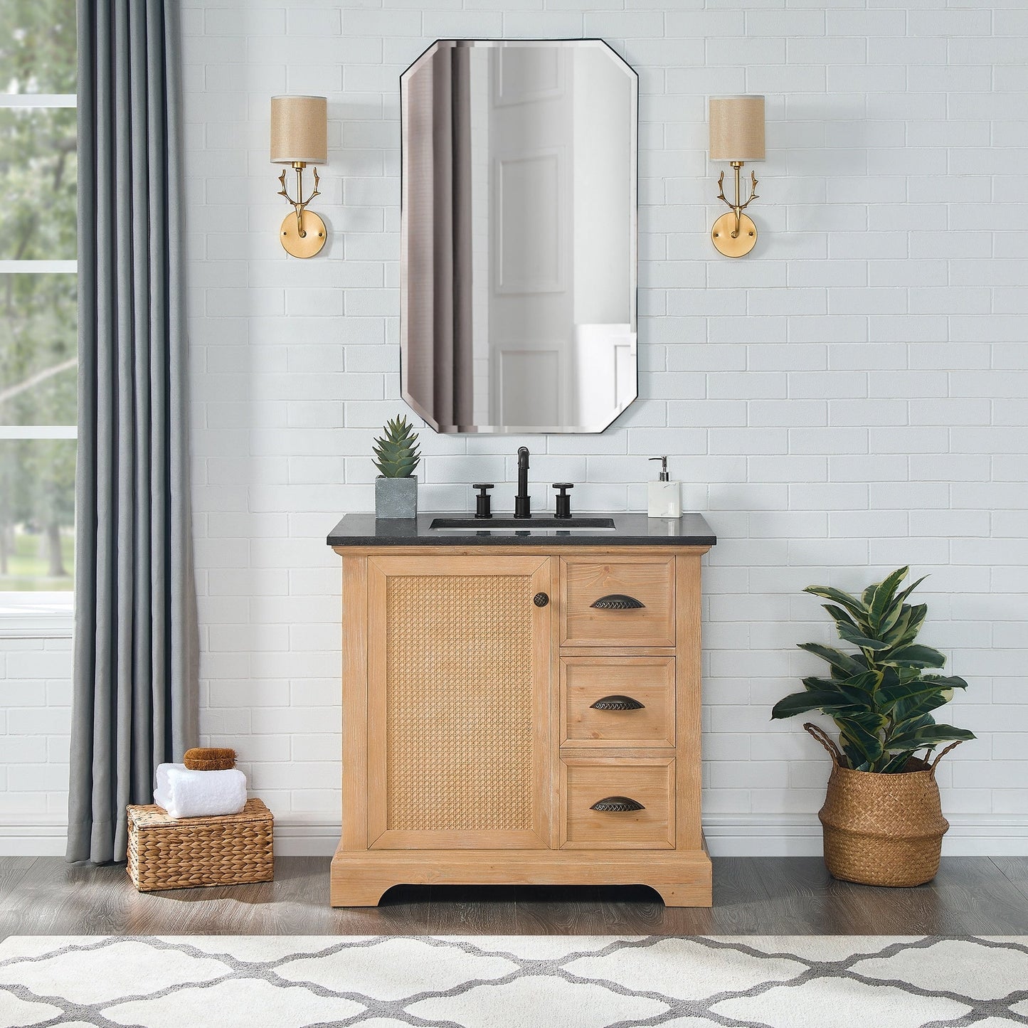 Meuble-lavabo Hervas avec plateau en marbre naturel, sans miroir.