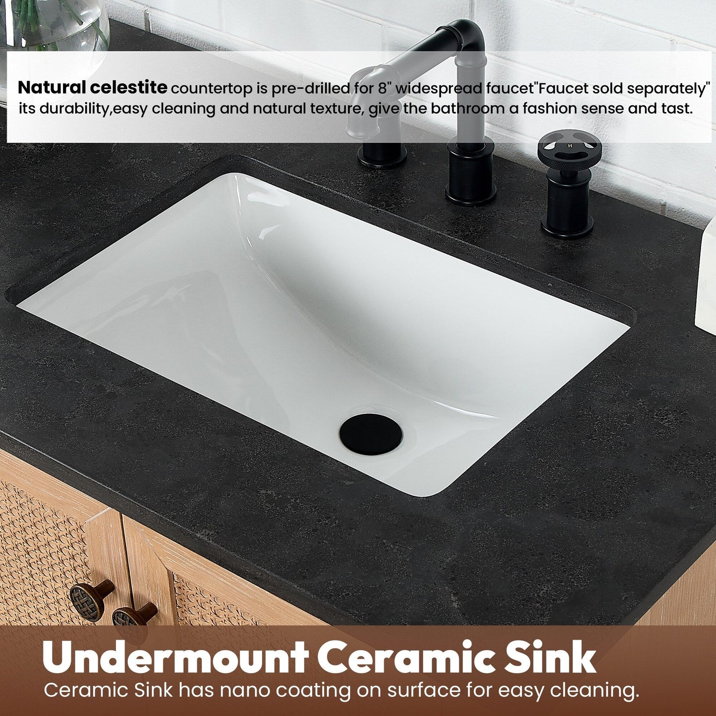 Meuble-lavabo Hervas avec plateau en marbre naturel, sans miroir.