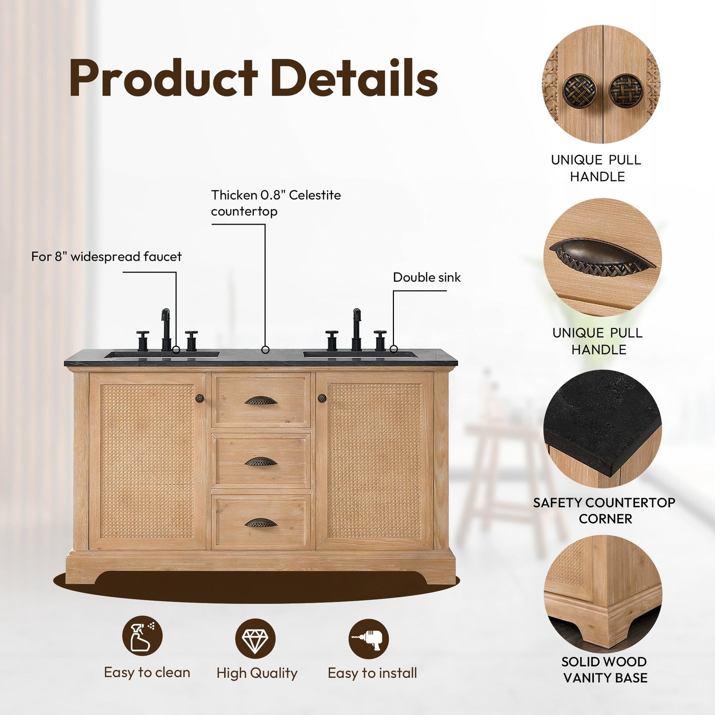 Meuble-lavabo Hervas avec plateau en marbre naturel, sans miroir.