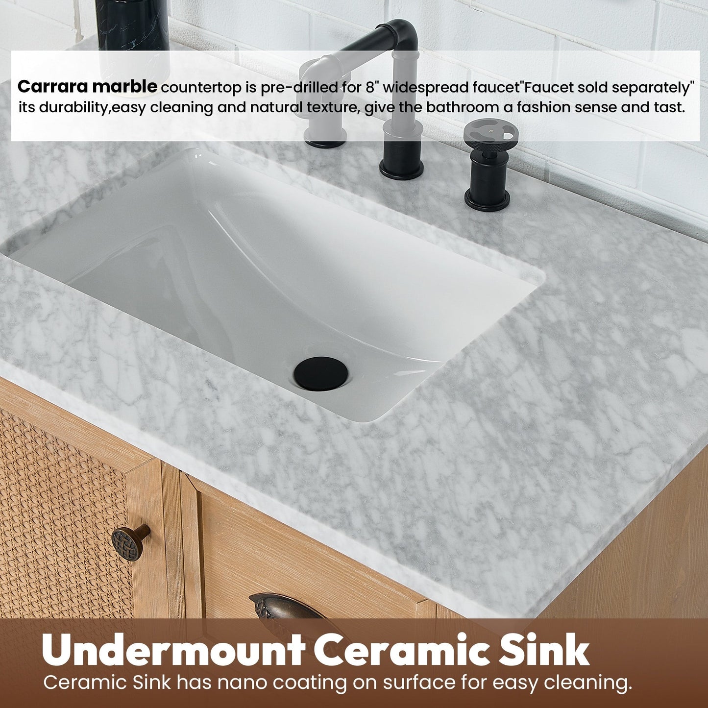 Meuble-lavabo Hervas avec plateau en marbre naturel, sans miroir.