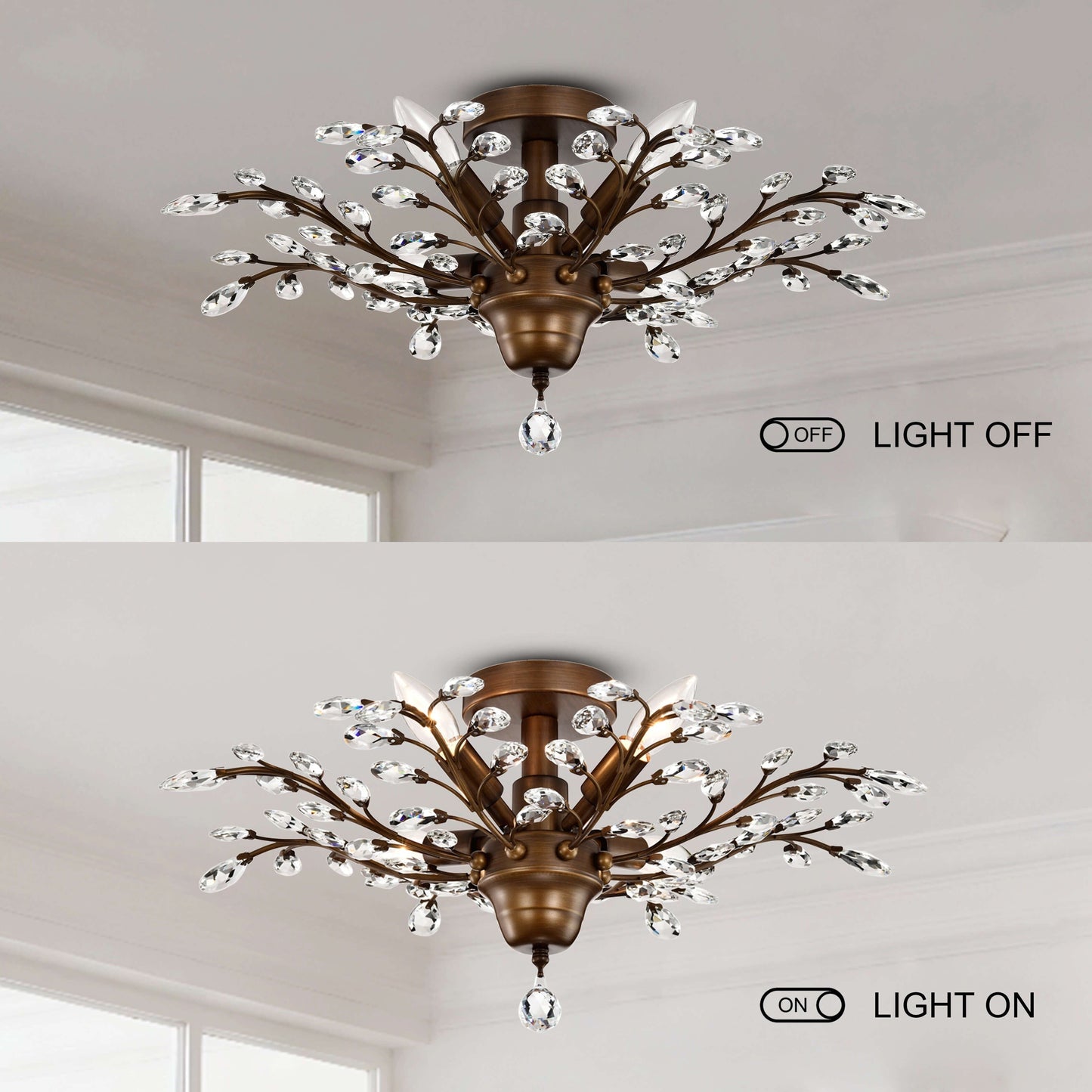 Plafonnier Holly à 4 lumières en cristal et feuilles