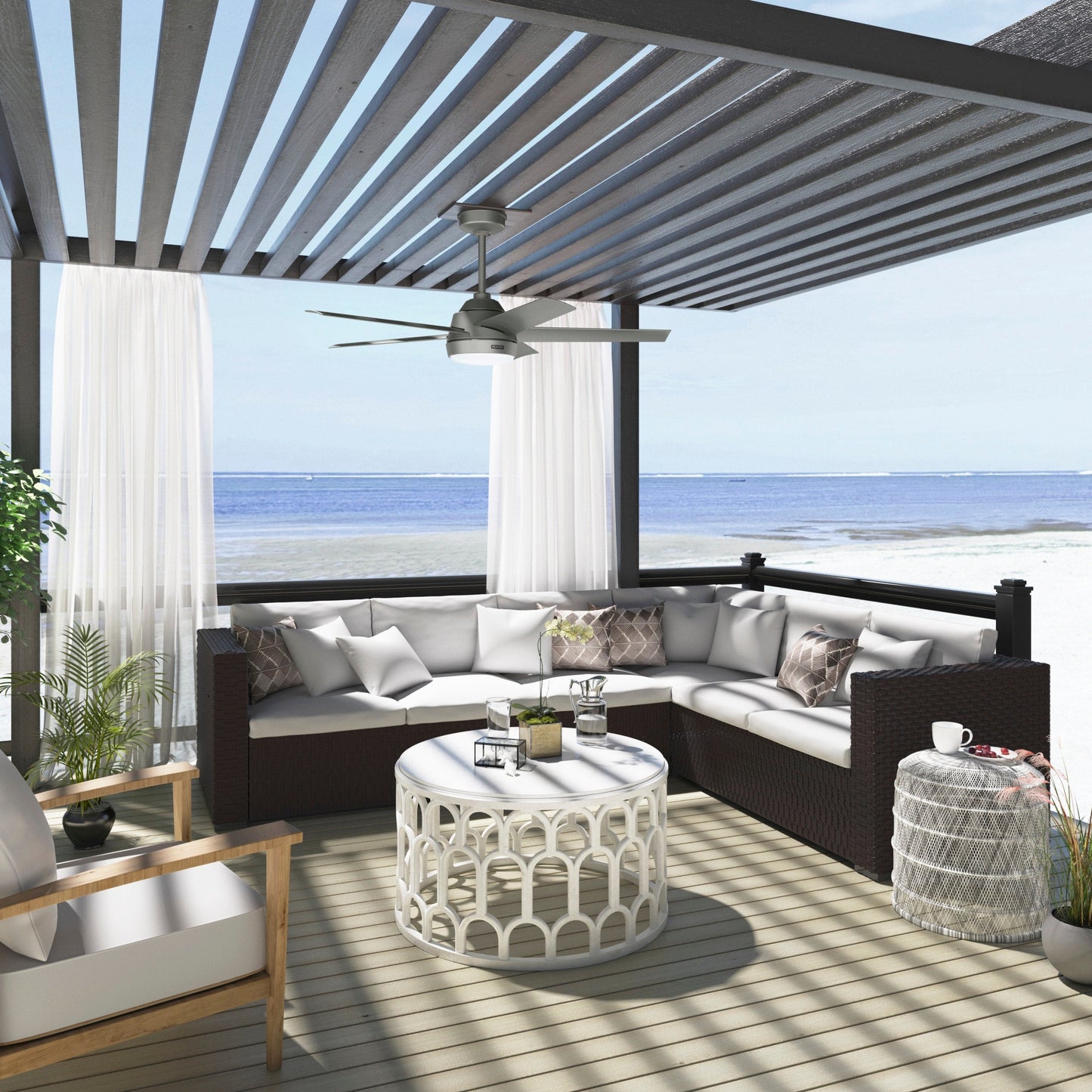 Ventilateur de plafond extérieur Hunter 52 Skyflow avec kit d'éclairage LED, commande murale - Style côtier moderne contemporain - WeatherMax - RÉSISTANT À L'EAU !