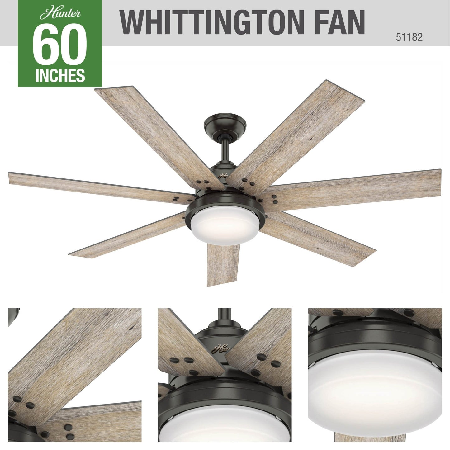Ventilateur de plafond Hunter WiFi Whittington avec lumière LED, télécommande portable - Moulin à vent - Style industriel, campagnard, rustique - VENTILATEUR INTELLIGENT !