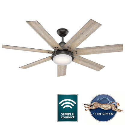 Ventilateur de plafond Hunter WiFi Whittington avec lumière LED, télécommande portable - Moulin à vent - Style industriel, campagnard, rustique - VENTILATEUR INTELLIGENT !