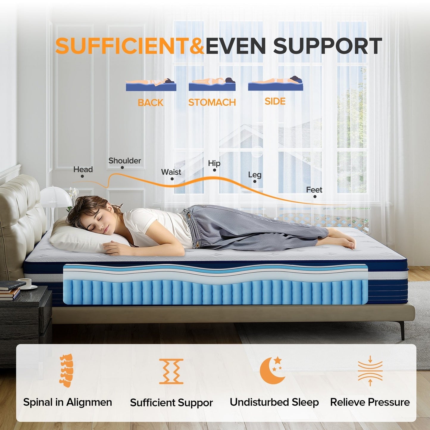 Matelas à ressorts ensachés SweDrea 25 cm (10 po) à fermeté moyenne, avec surmatelas intégré, pour soulager les douleurs dorsales et procurer une sensation de fraîcheur. Certifié CertiPUR-US, SGS et OEKO-TEX®.