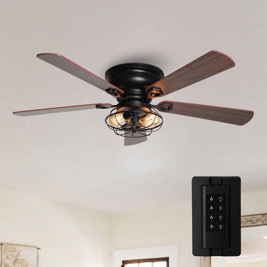 Ventilateur de plafond encastré noir style ferme, 48 po, 5 pales, en bois, profil bas, avec télécommande et ensemble d'éclairage