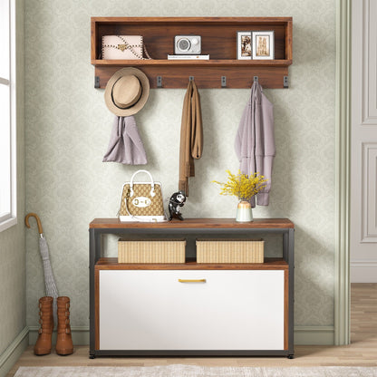 Ensemble porte-manteau et banc à chaussures pour entrée, style industriel.